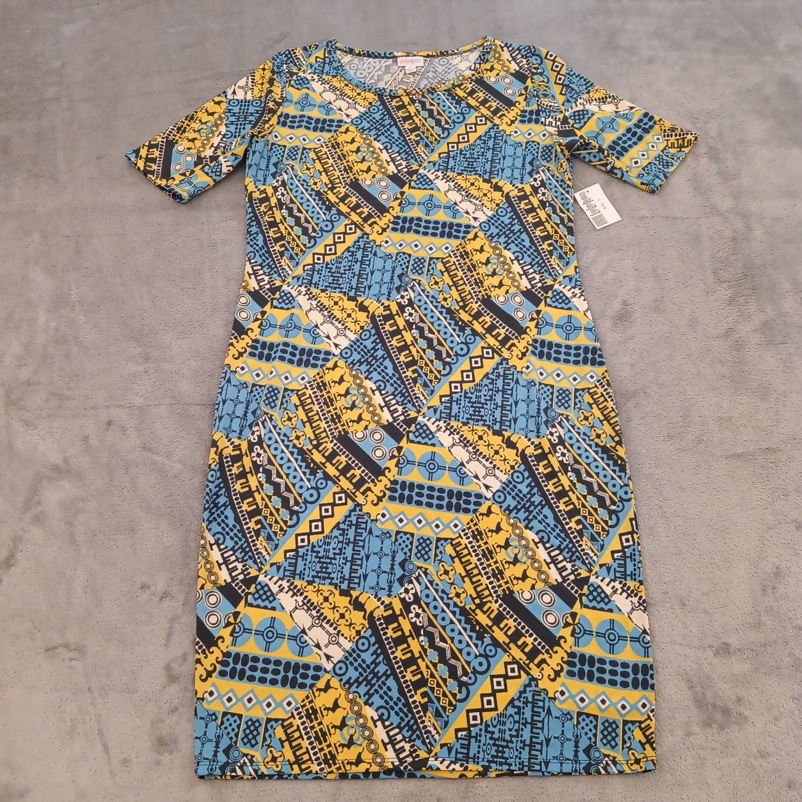 LuLaRoe Julia Dress Large Blue Yellow Geometric Pullover Short Sleeve New