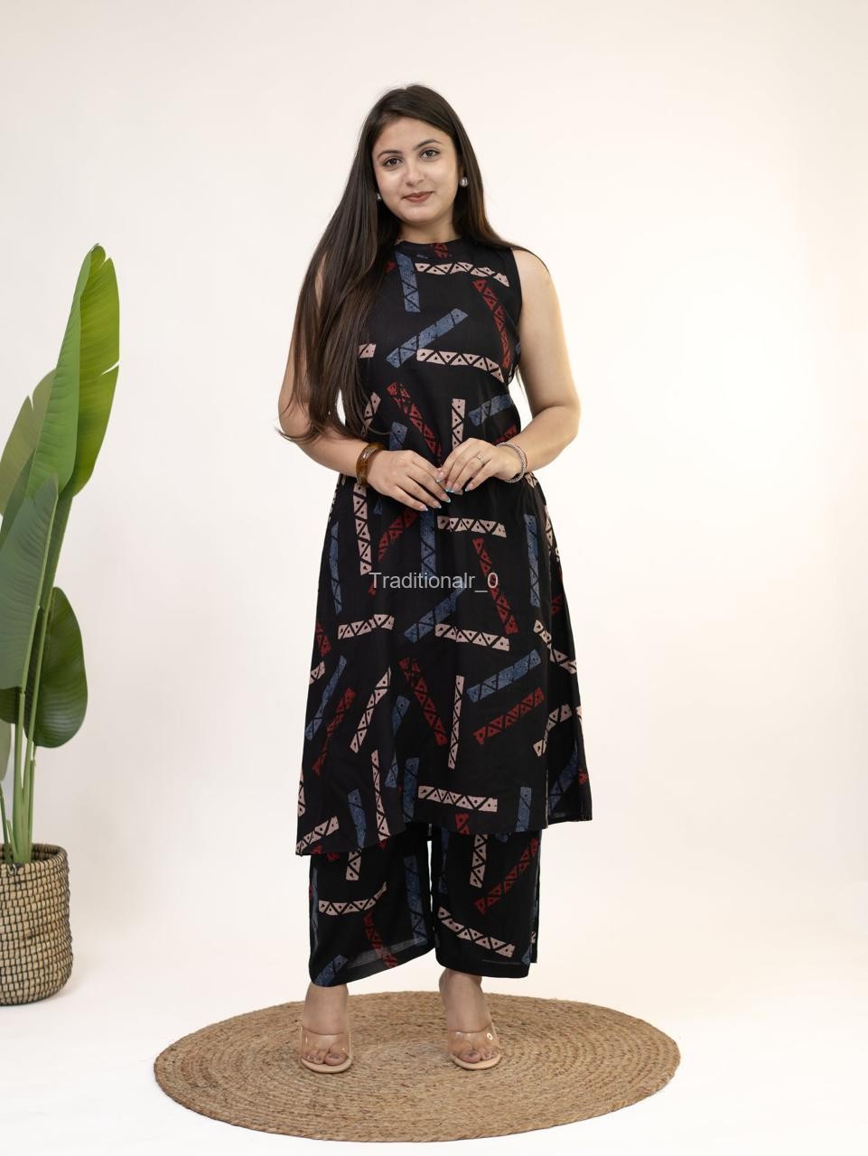 Women’s Sleeveless Abstract Tribal Print A-Line Cotton Kurta and Wide-Leg