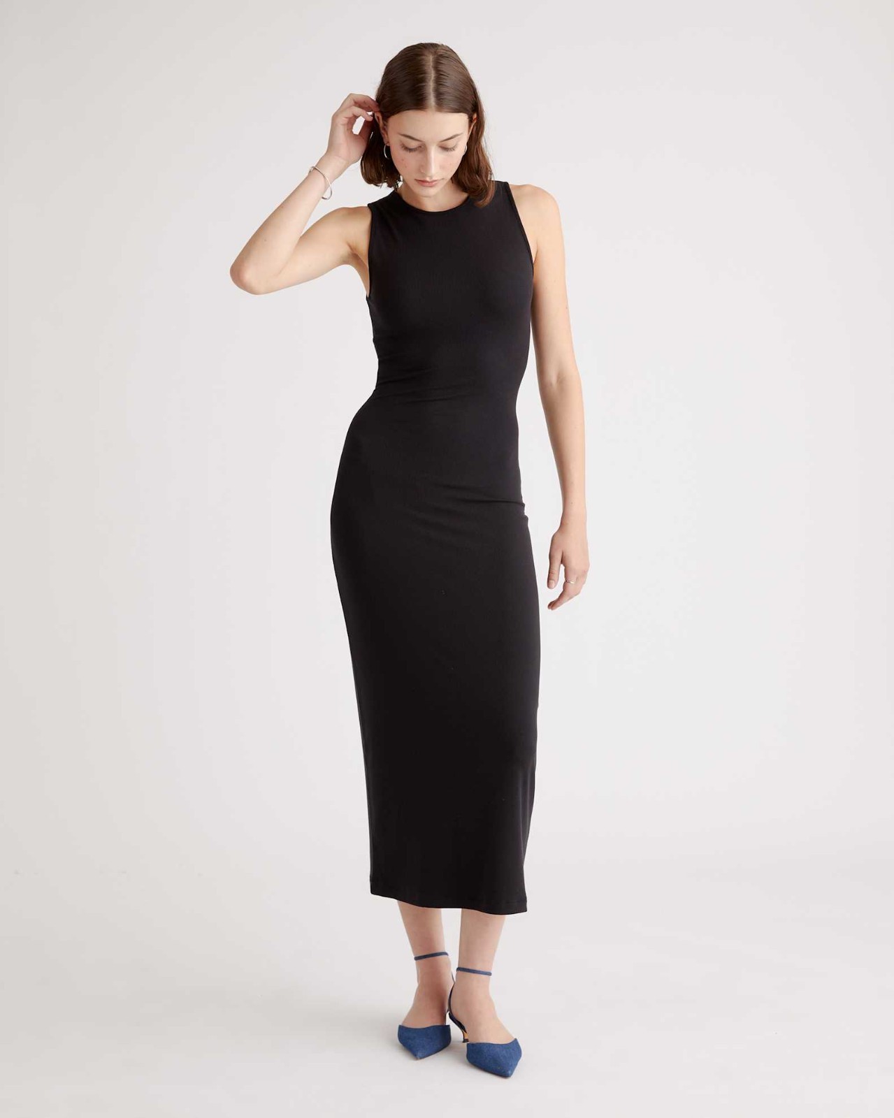 Quince women’s black tank dress size M tencel rib knit sleeveless long summer