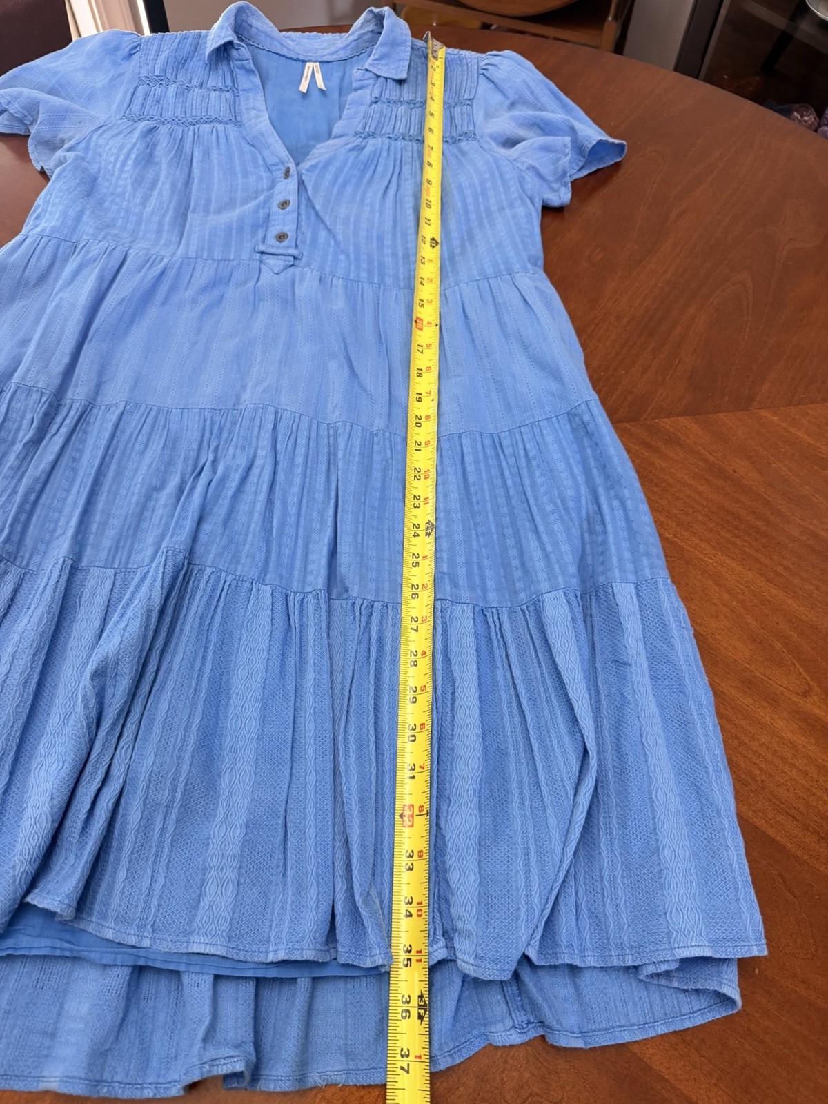 Anthropologie Blue Tiered Dress Medium Cotton Lace Boho Pockets Lined