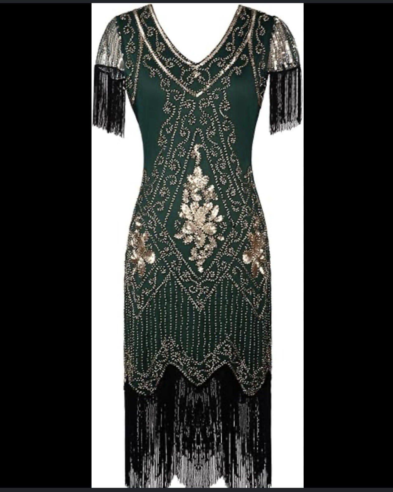 Green Gold Black Sequin Beaded Fringe Sheath Dress V-Neck Short Sleeve 2XL