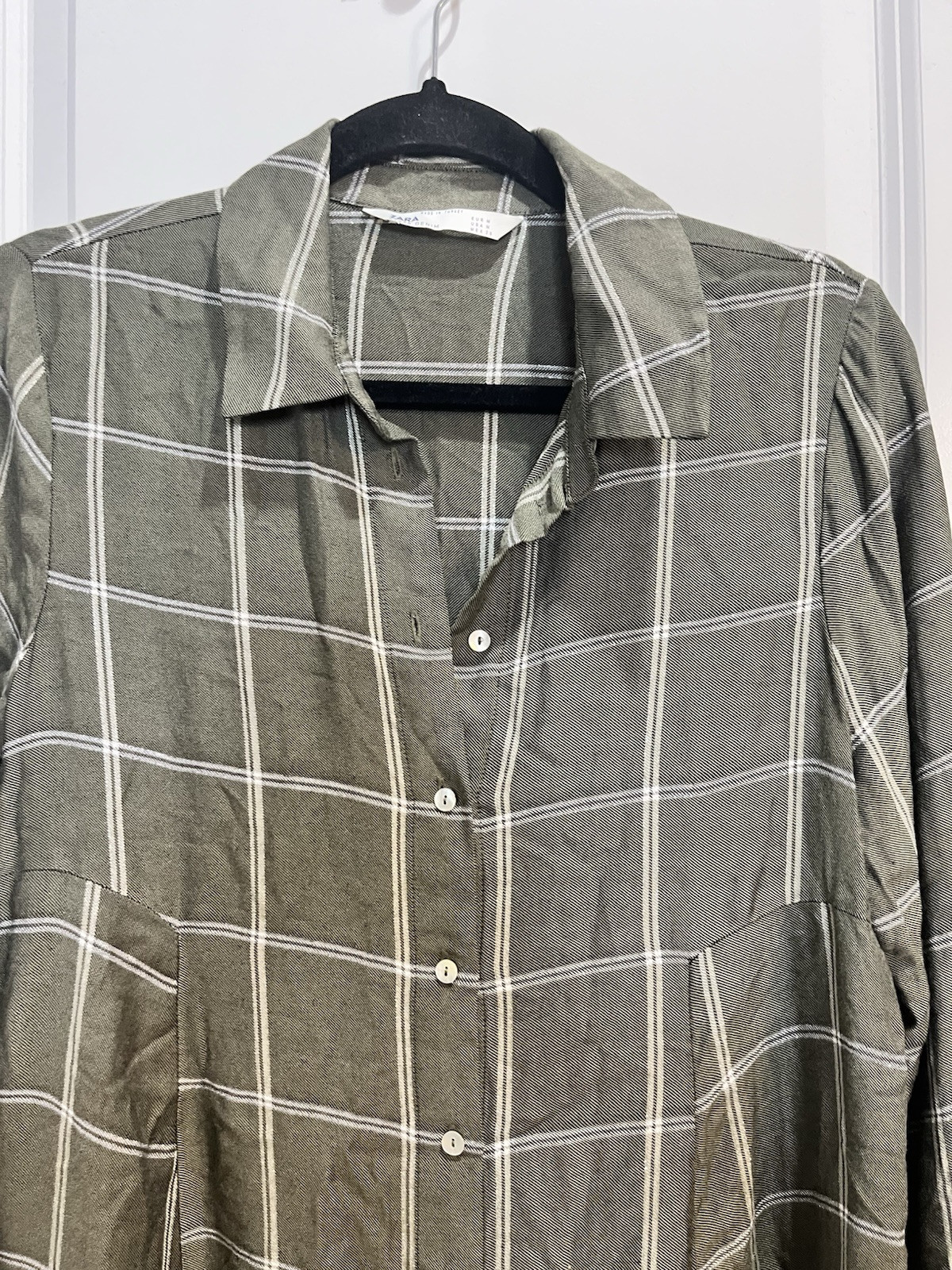 Zara Green Plaid Silver Sparkle Tunic Button Down Shirt Dress 3/4 Sleeves Med