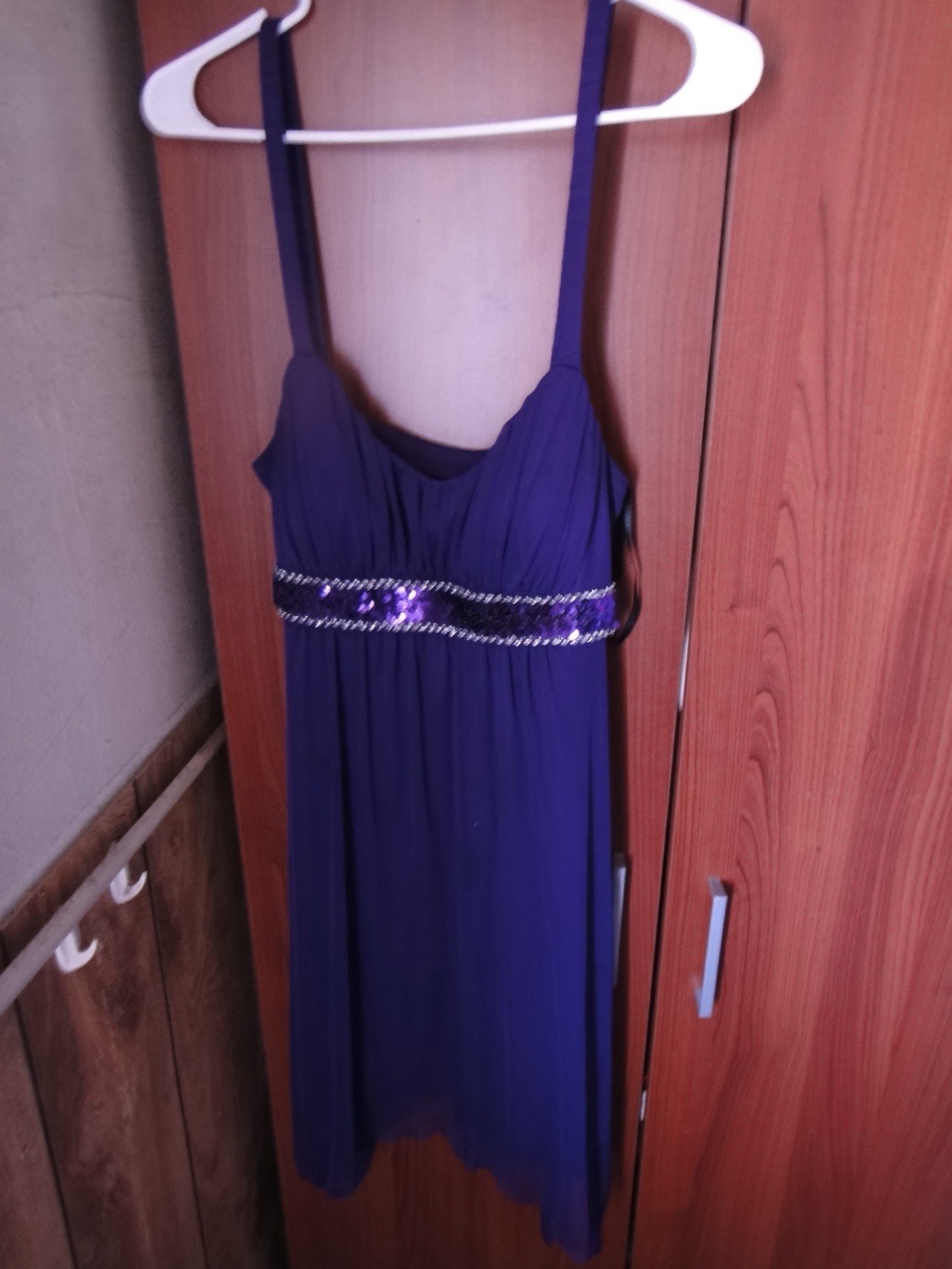Enfocus Purple Sweetheart Strappy Sleeveless Hi-Low Empire Dress S/M Sequin