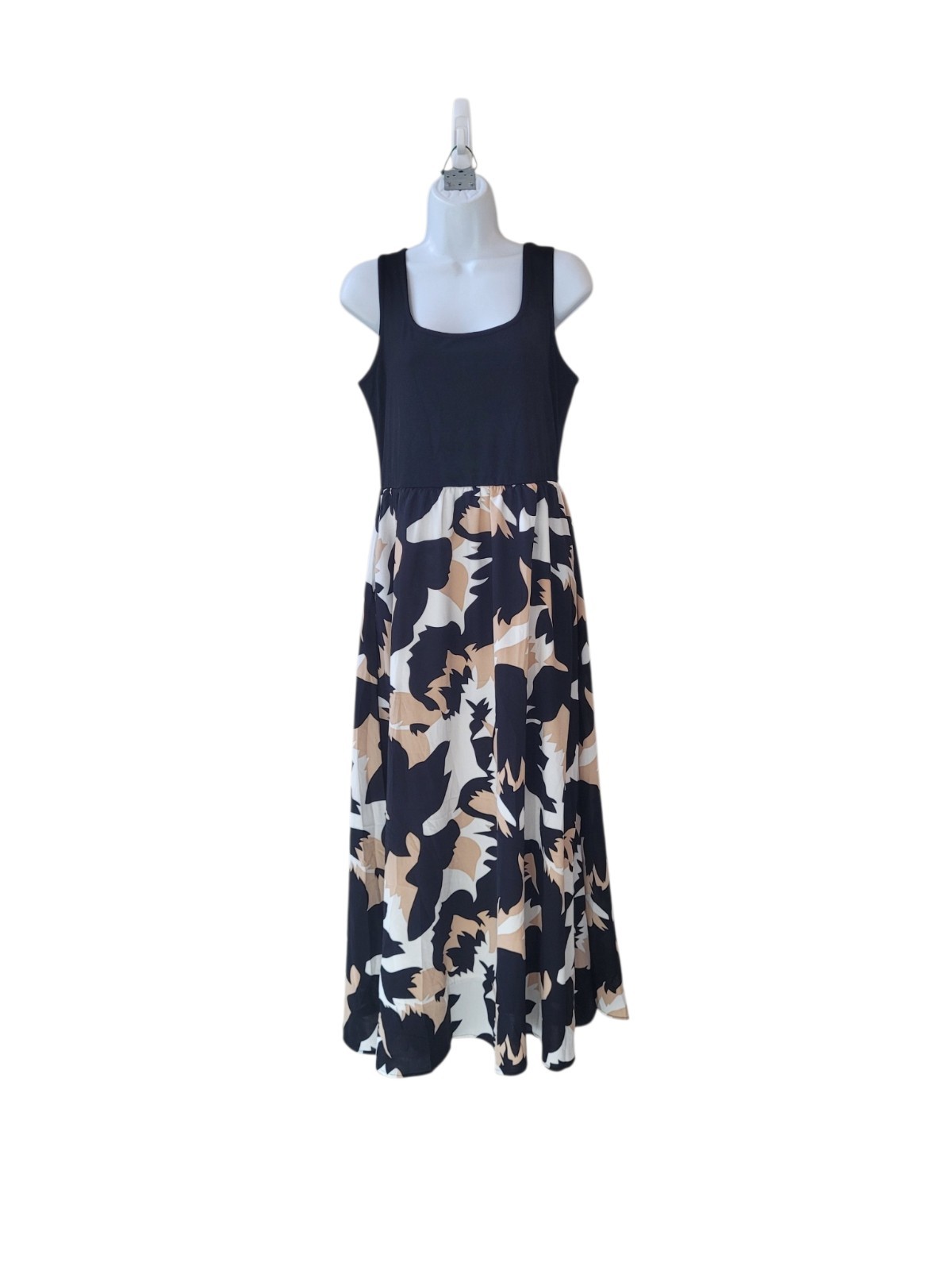 New KIRUNDO L Black Multi Scoop Neck A-Line Flowy Maxi Tank Sundress Women