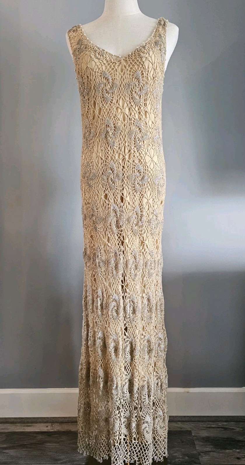 Spiegel Crochet Fully Glass Beaded Maxi Dress Size XL Ramie Rayon Sleeveless