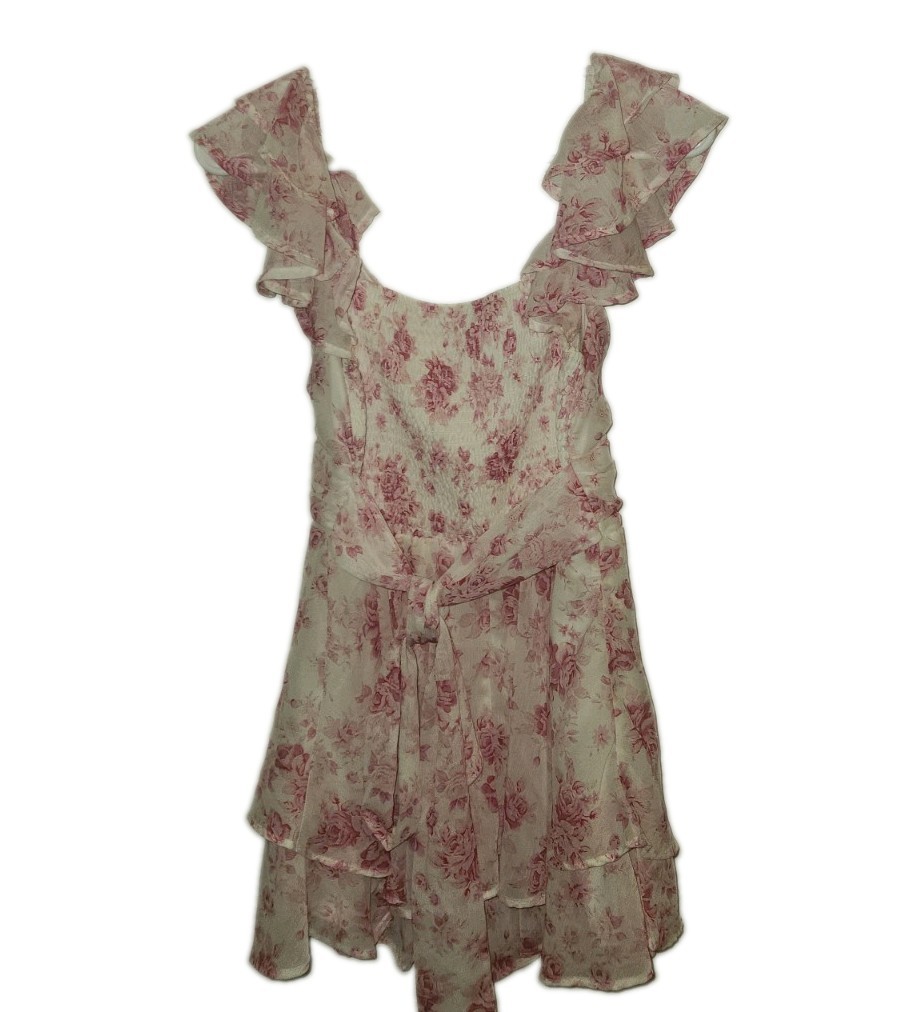 Alter’d State Lainey Double Layered Romper (M), white with rose flower print