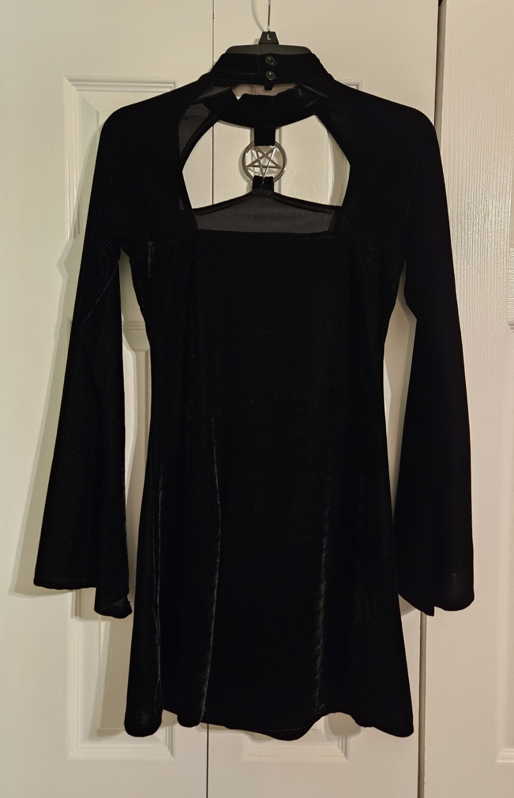 Killstar Black Velvet High Neck Cut-Out Ring Bell Sleeve Mini Dress Size S