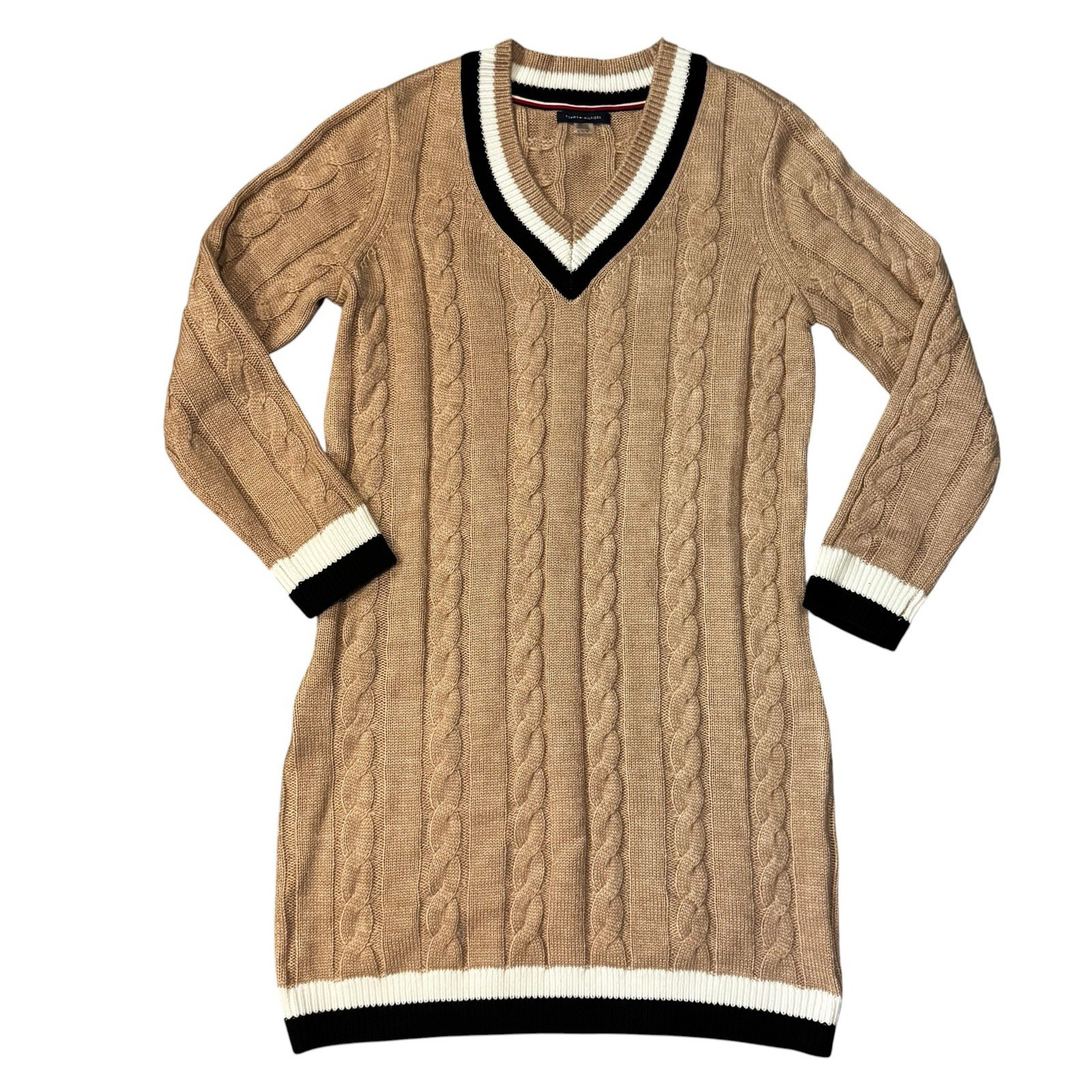 Tommy Hilfiger Chunky Cable Knit Varsity Dress M V Neck Camel Preppy Old Money