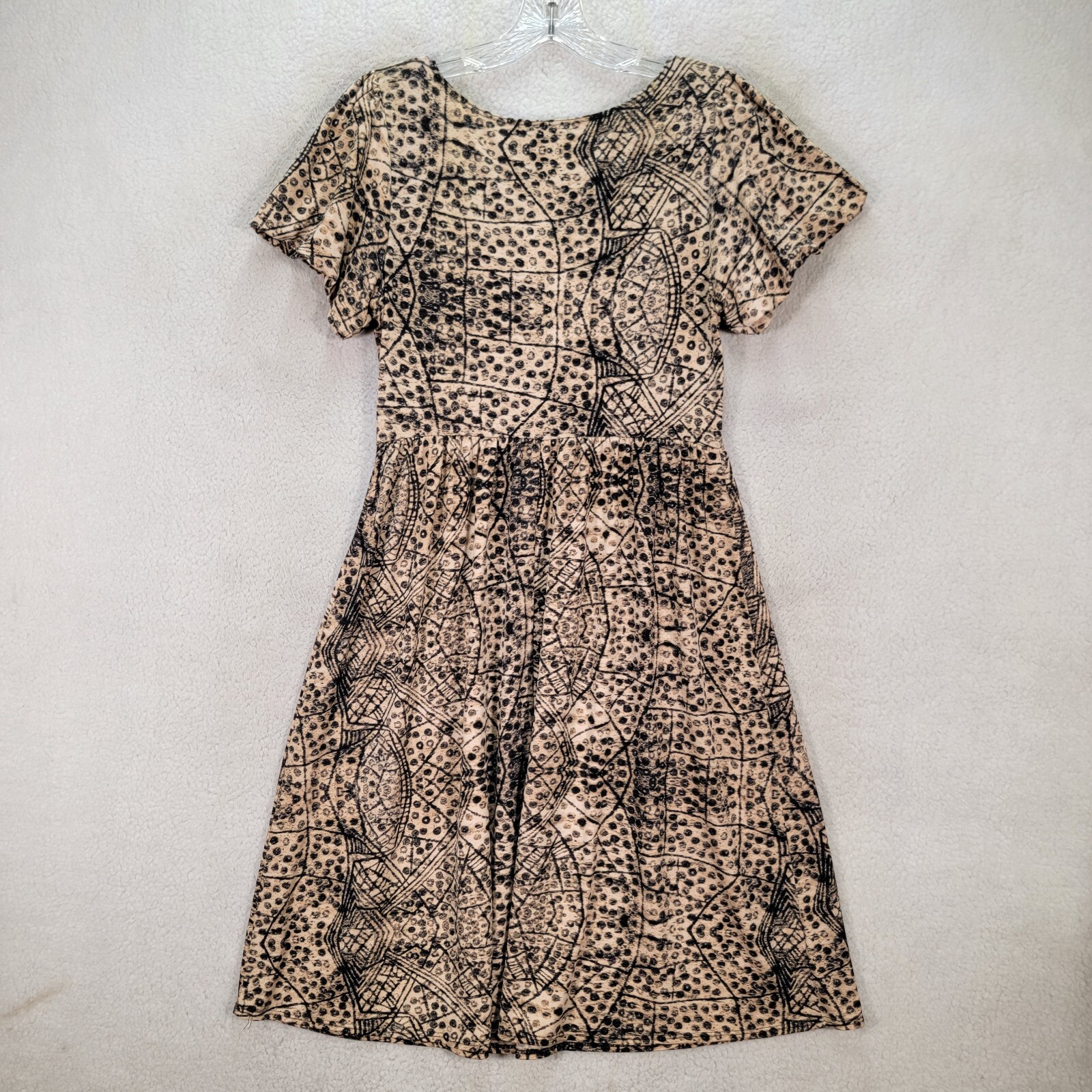 Vtg 90s Max Edition Beige Retro Print Jersey Stretch A Line Womens Dress Size M