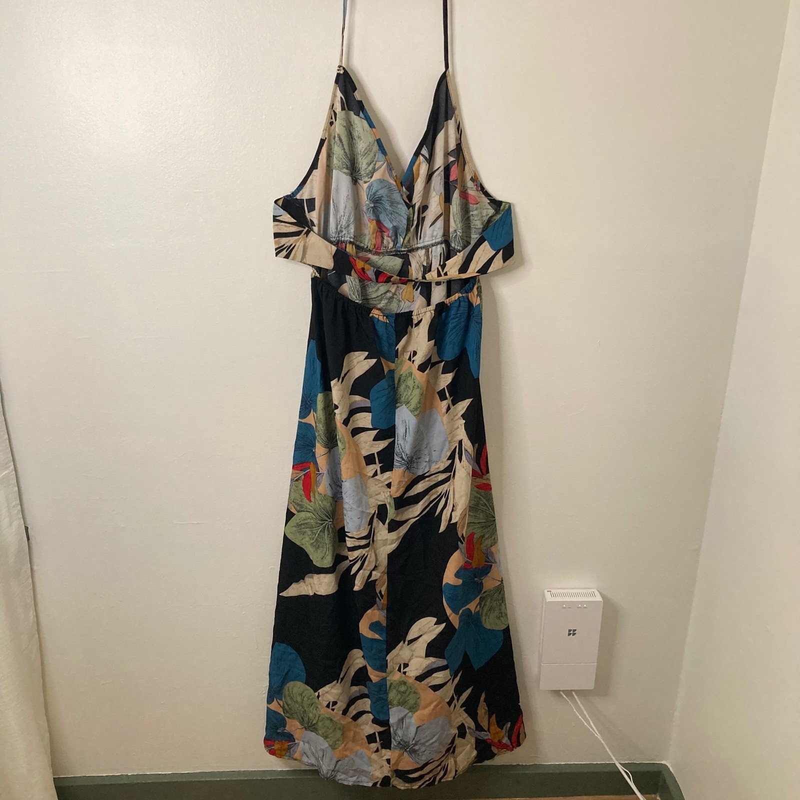 Boho Floral Tropical Halter Wrap Open Back Maxi Sundress XL Botanical Vacation