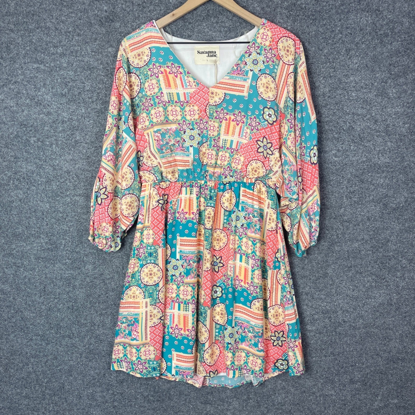 NEW Savanna Jane Women L Boho V-Neck Patchwork Print Mini Dress Teal Pink