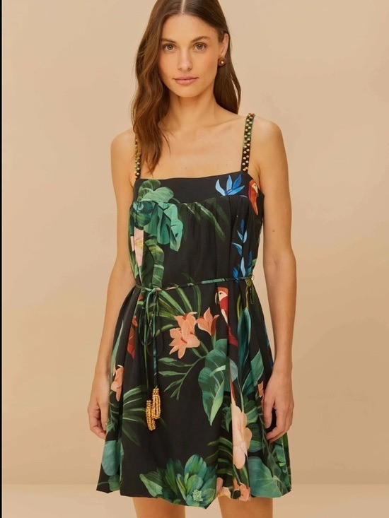 FARM RIO Midnight Macaw Fiesta Lenzing Ecovero Euroflax Mini Dress Size M