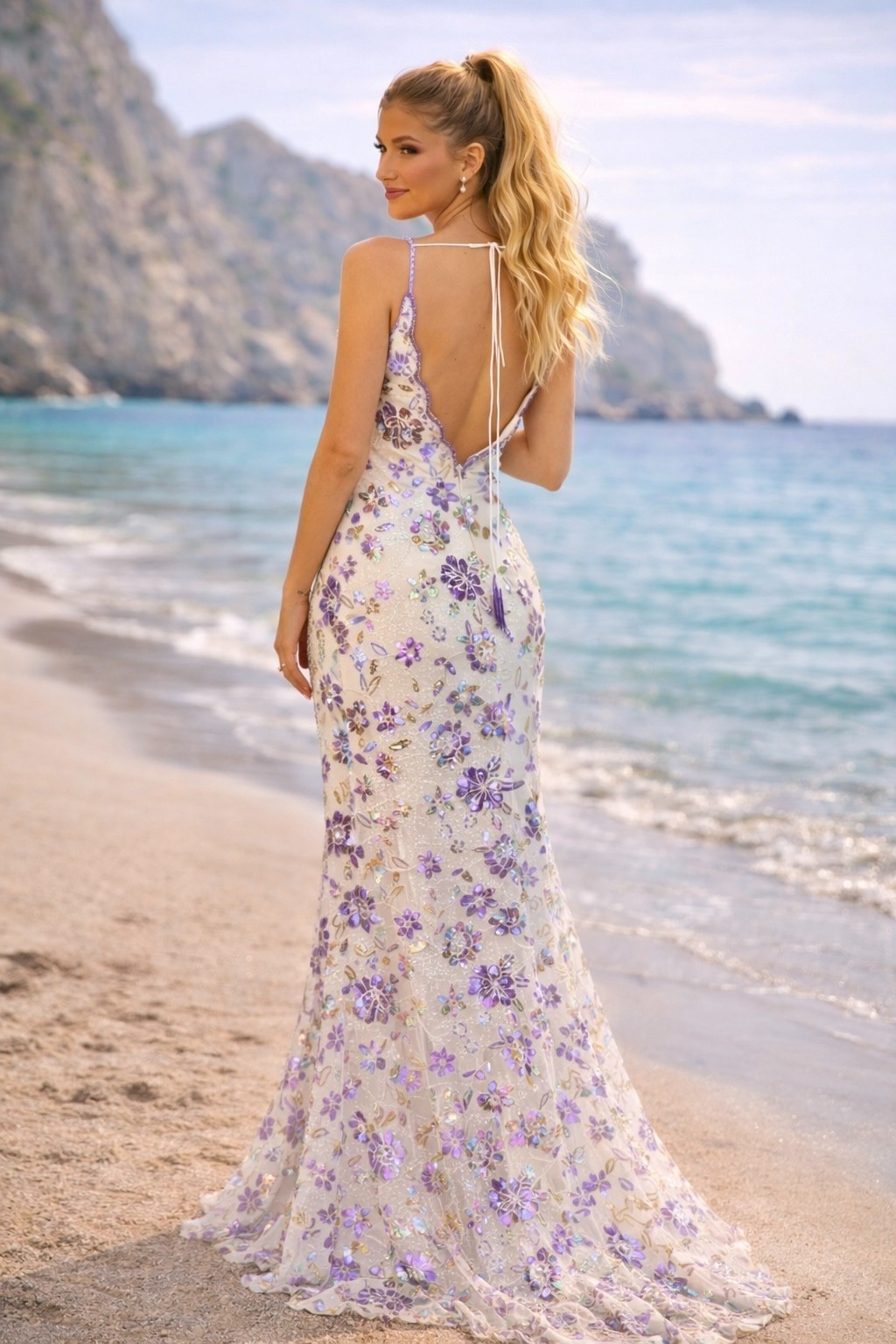 Long Ivory Multi Purple V Neck Beaded Open Back Side Slit Prom Dress Size 14