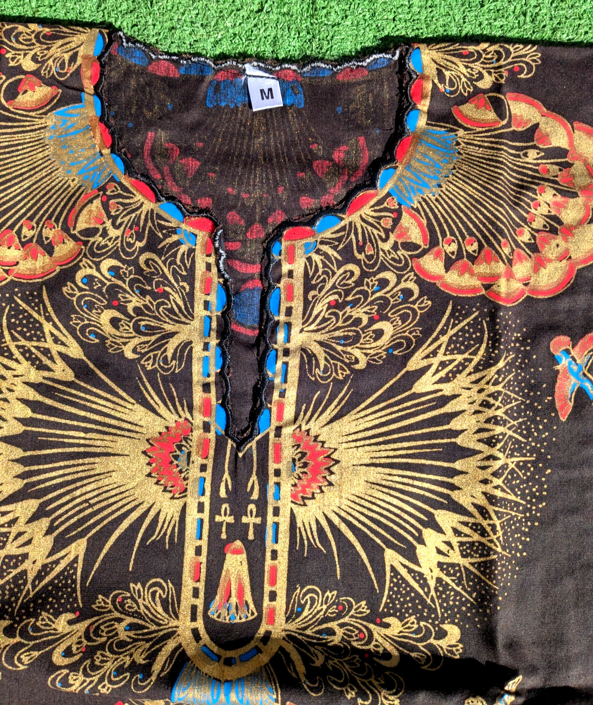 Retro Kaftan Black/Gold Goddess Cleopatra Ankh Birds Graphic Print Cotton Dress