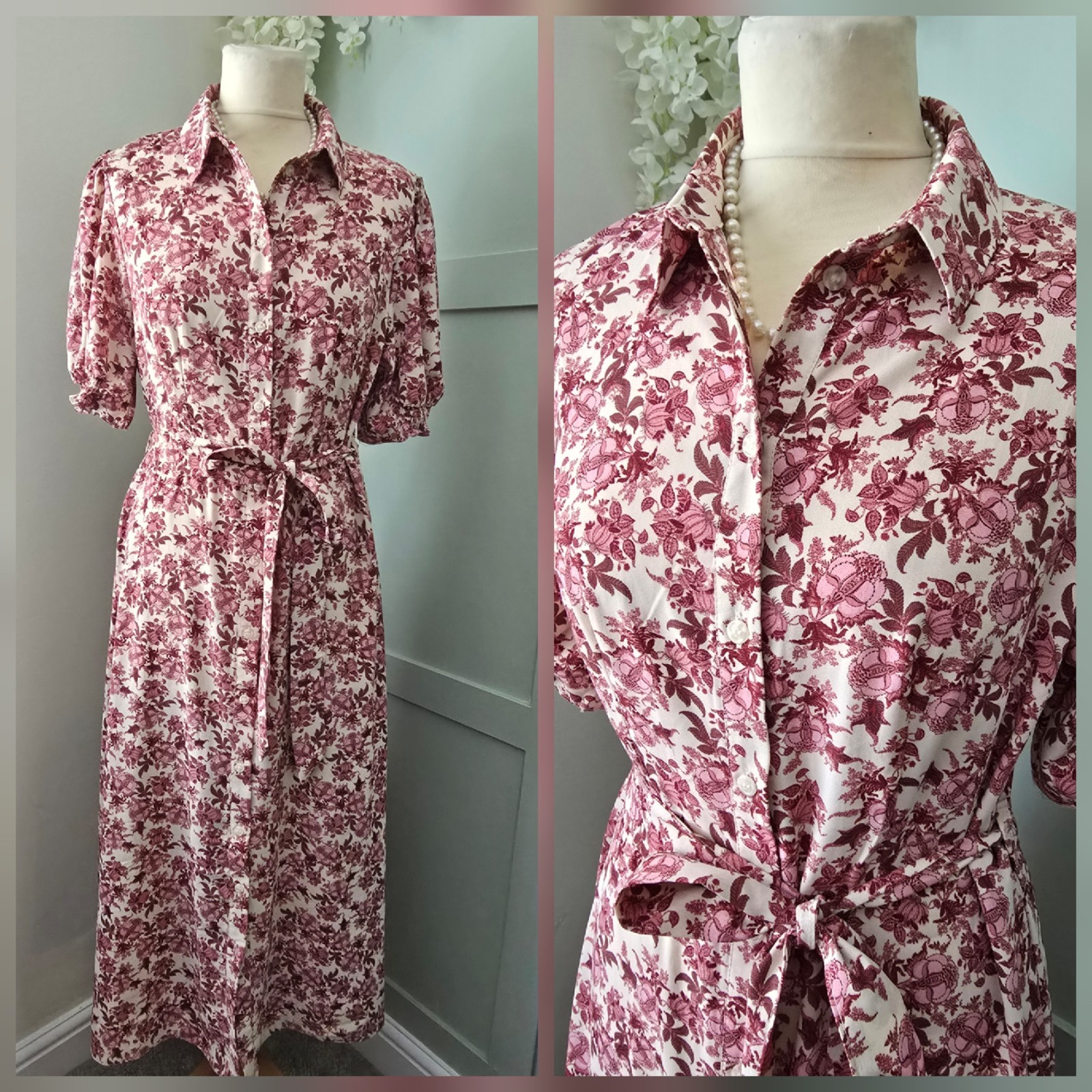 Vintage 1930s 1940s WW2 Style Maroon floral midi day dress Size 10 12