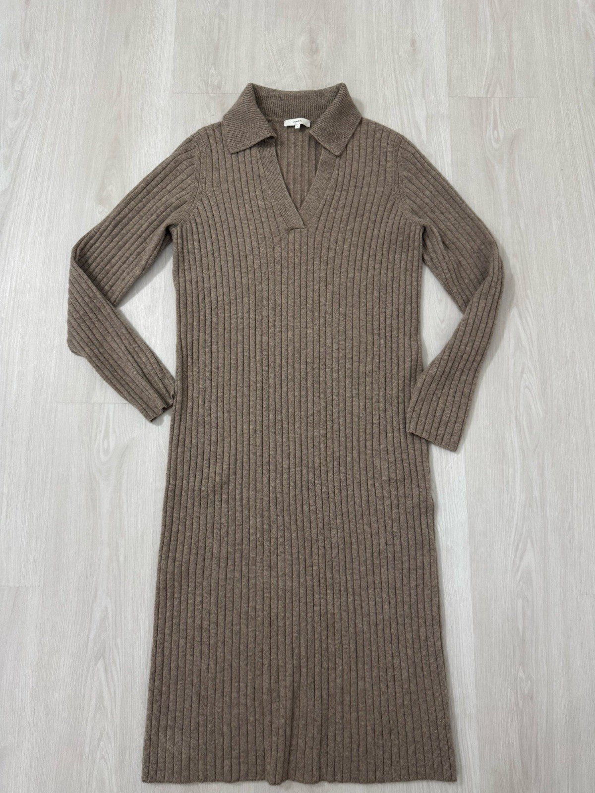 Vince Cashmere Wool Collared Ribbed Sweater Dress Polo Knit Brown Mocha Tan L