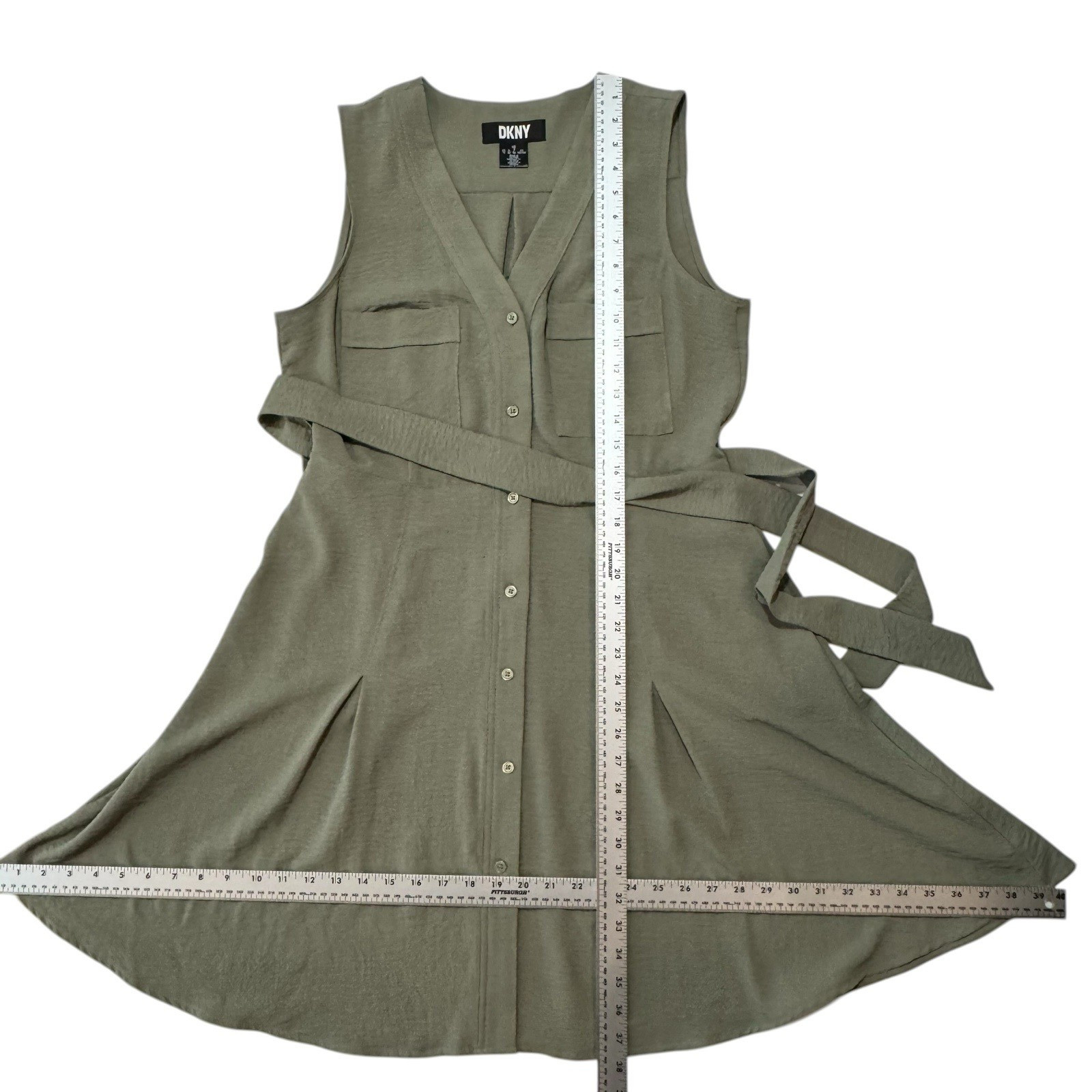 DKNY Sleeveless Button Front Belted Dress Pockets Olive Green Women’s 12 Utility