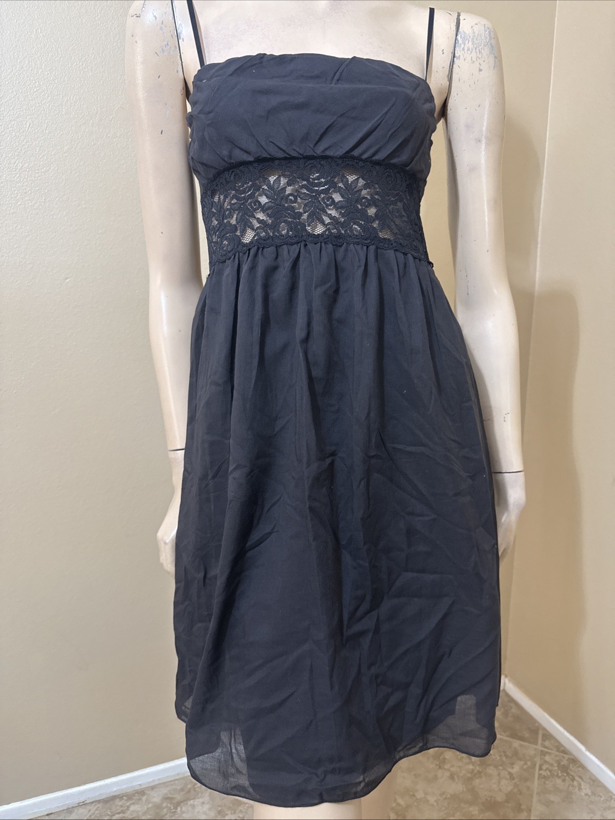Women’s Black Cotton Casual Summer Open Lined Sheer Lace Size S Dress Sundress