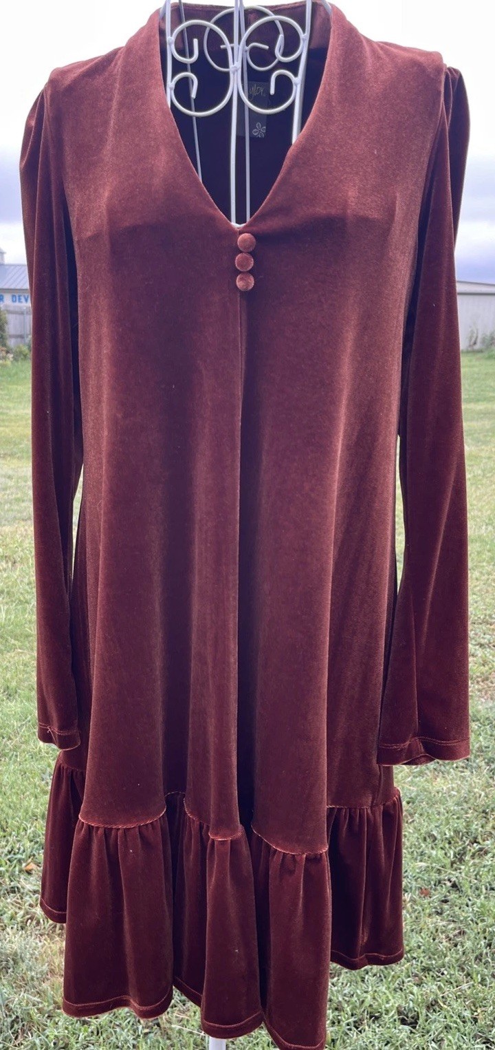 Taylor Velvet Trapeze Dress Rust Copper Long Sleeve Ruffle Hem Mini Boho S