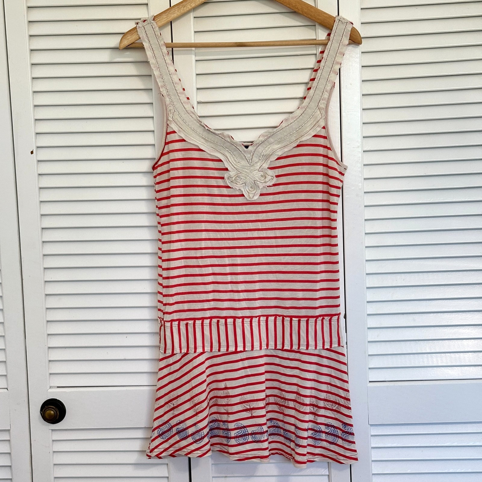 Vintage Free People Tank Tunic Minidress Red Stripe Raw Edge Drop Waist M Y2K