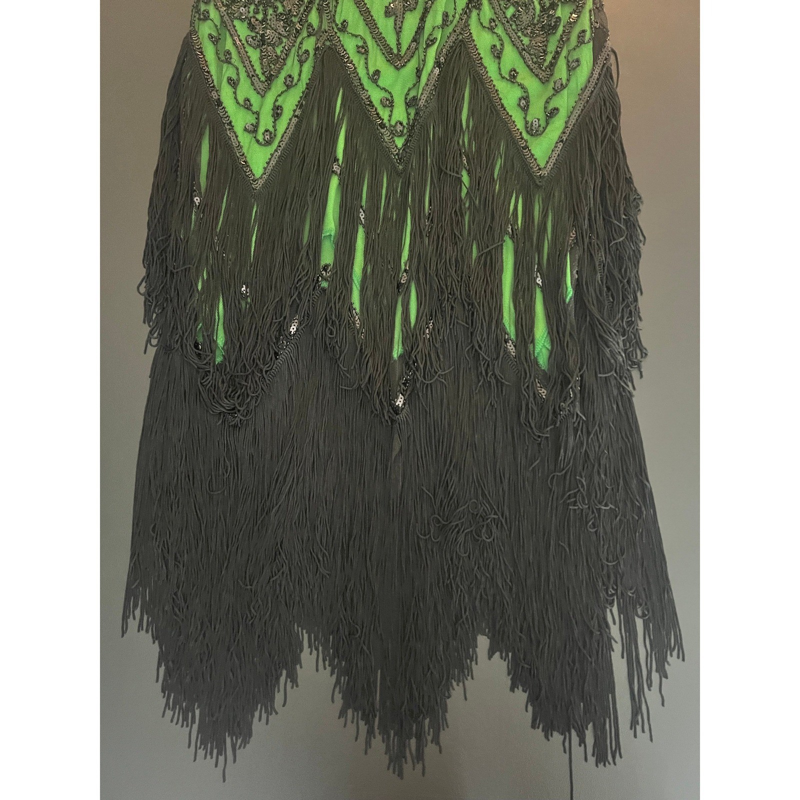 PrettyGuide Green Black Sequin Fringe Flapper Dress 1920s Gatsby Style L (1098)