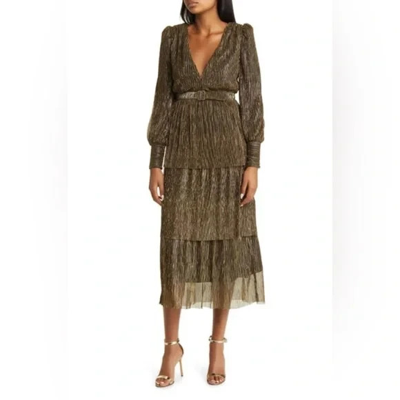Jewel Badgley Mischka Metallic Long Sleeve Tiered Midi Dress Size 10 $208