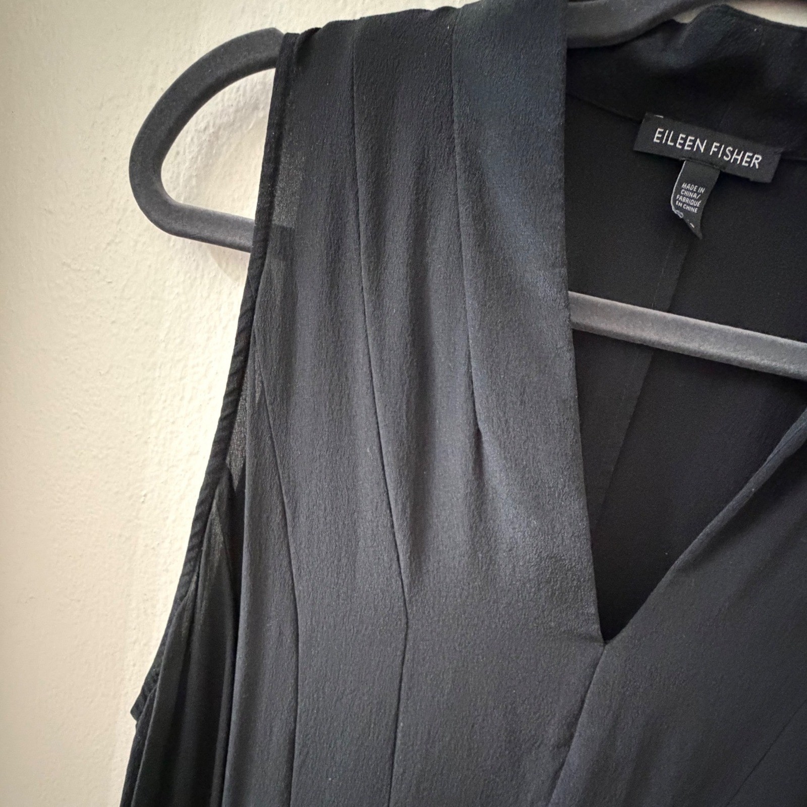 Eileen Fisher Black Silk V-Neck Lantern Dress Minimalist Quiet Luxury Large
