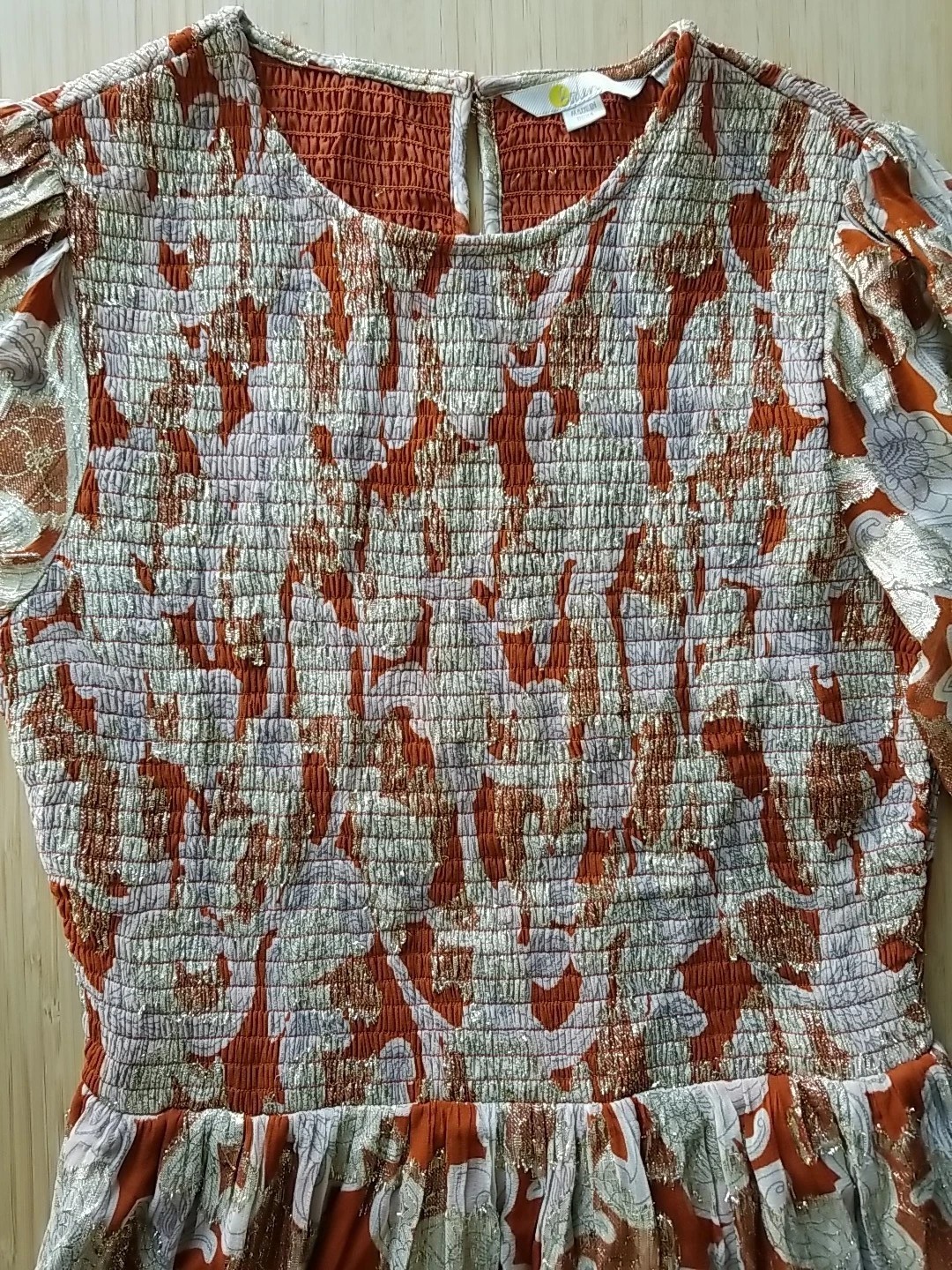Boden Smocked Jacquard Maxi Dress Rust Copper Paisley Gold Metallic US 8 EUC