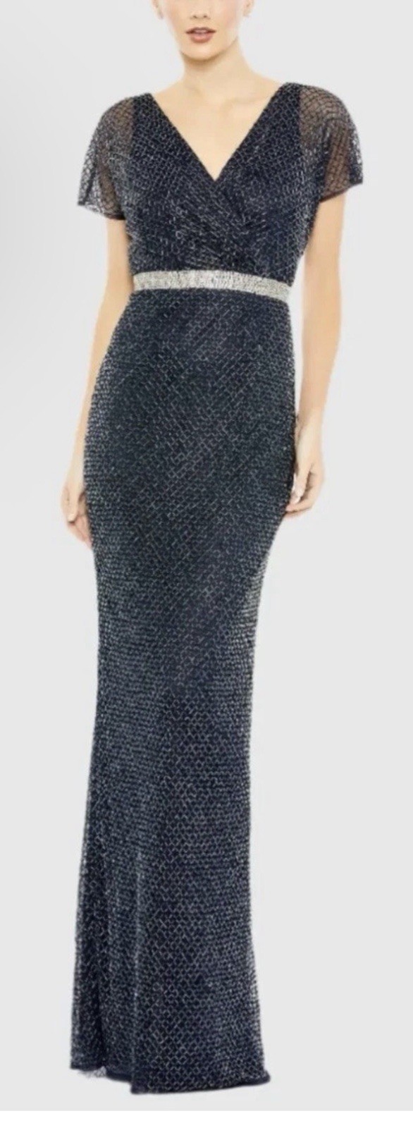 MAC DUGGAL 93678 Sz 16 Navy Beaded Short Sleeve Column Long Gown