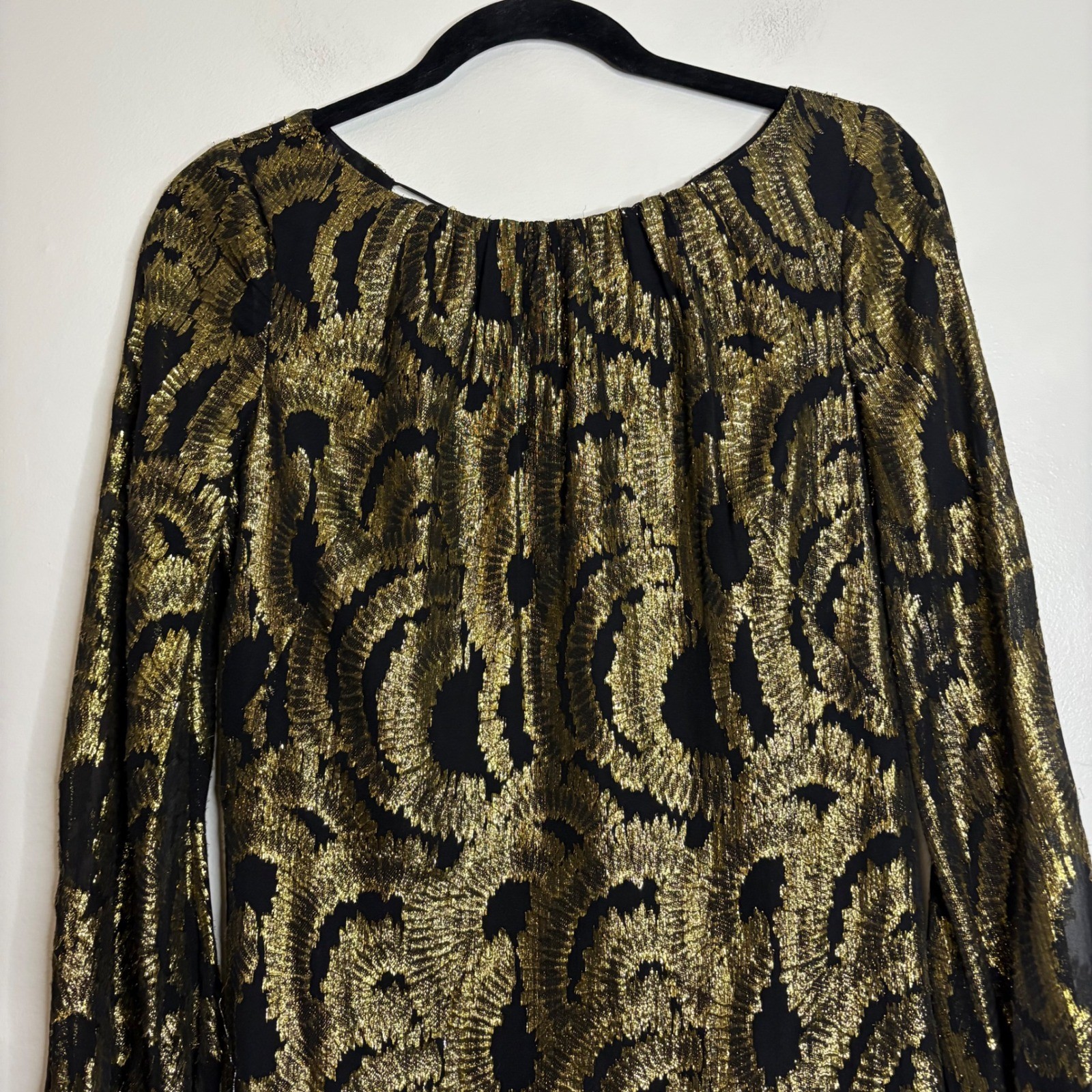 Milly New York Black Gold Metallic Silk Long Sleeve Dress with Tie Back Size 6