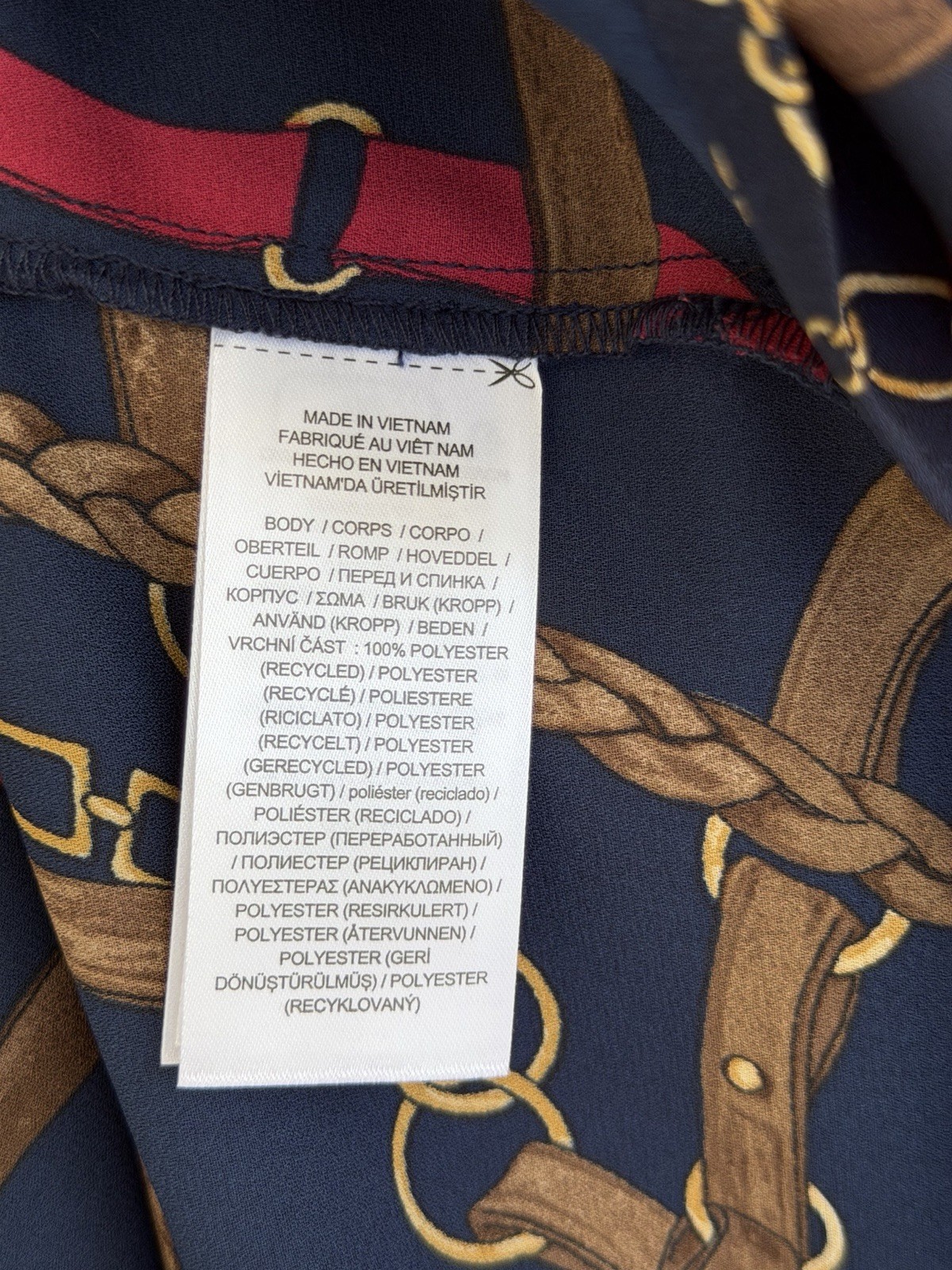 Ralph Lauren Georgette Equestrian Chain Print Tie Neck Midi Dress Navy 14 NWT