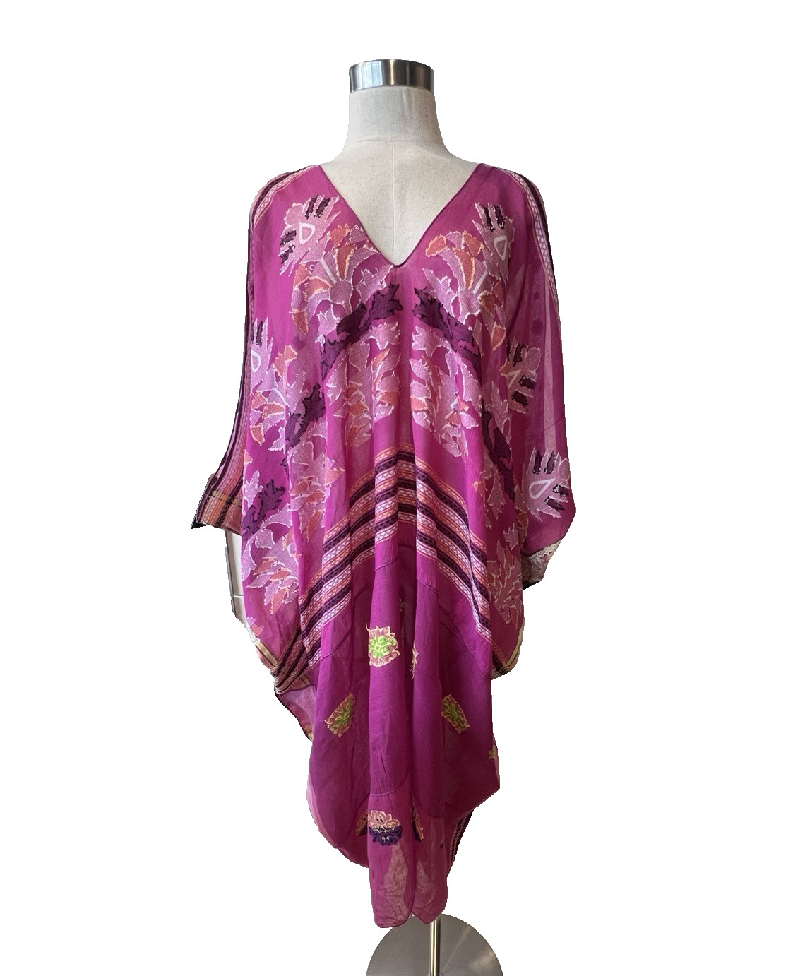 PAUL ROPP Pink/Gold/Black Fine Cotton Jacquard S/Less Kaftan Midi Dress One Size