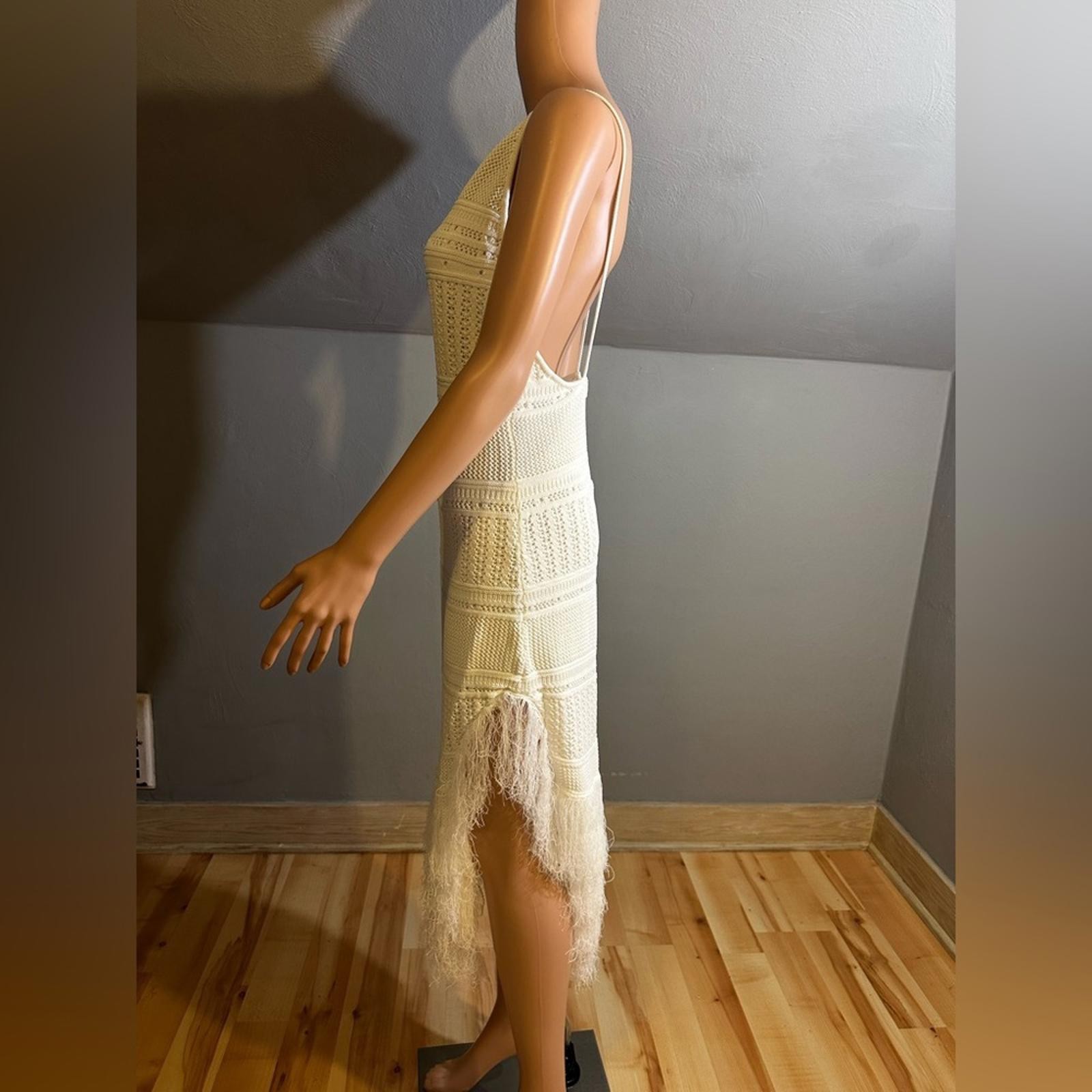 Torn by Ronny Kobo Yuna White Knit Fringe Asymmetric Midi Dress Size Large NWT