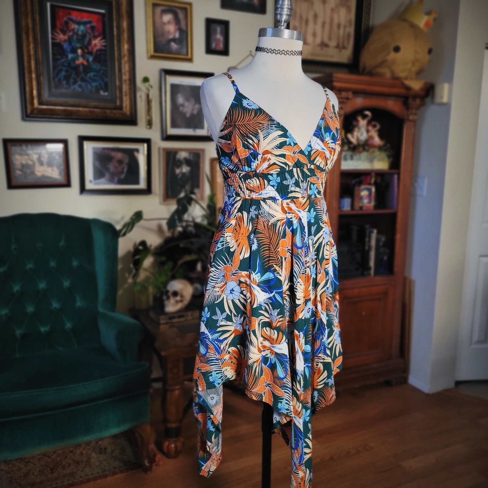 Sundress Tropical Floral Handkerchief Hem Smocked Back Summer Beach Party Small