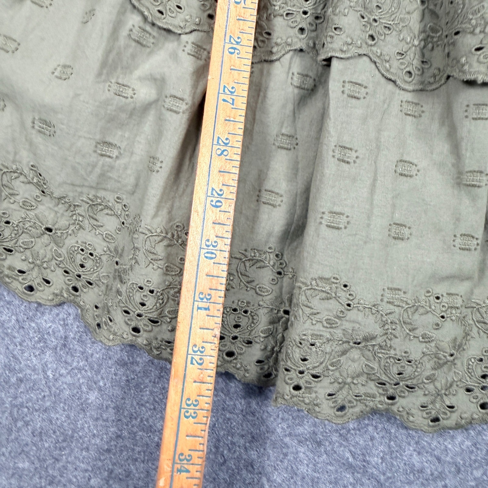 American Eagle Olive Green Eyelet Tiered Mini Dress Smocked Waist XS Boho Dobby