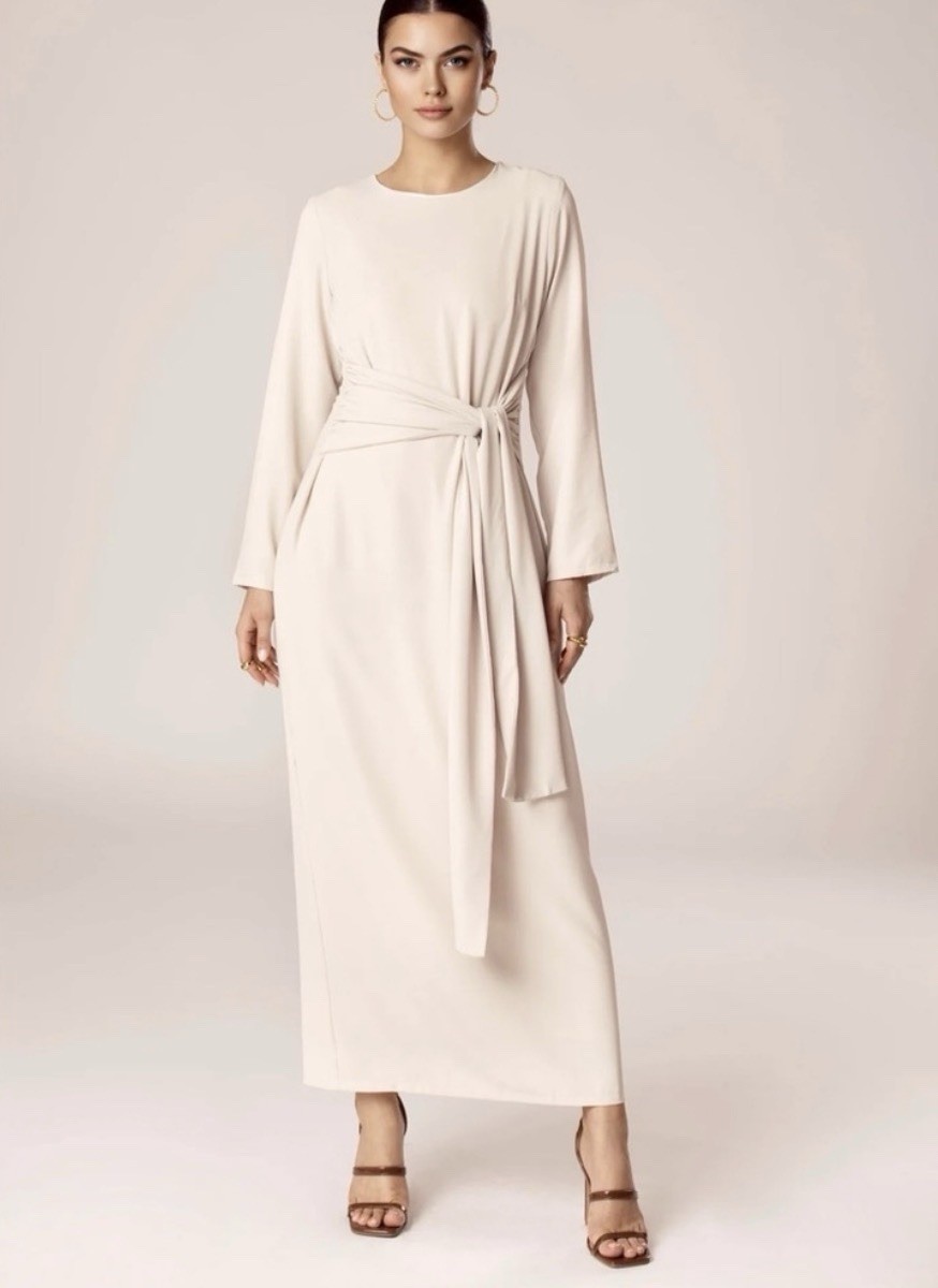 Veiled New York Isabella Maxi Dress oat milk S Long Sleeve Round Neck Belted Zip