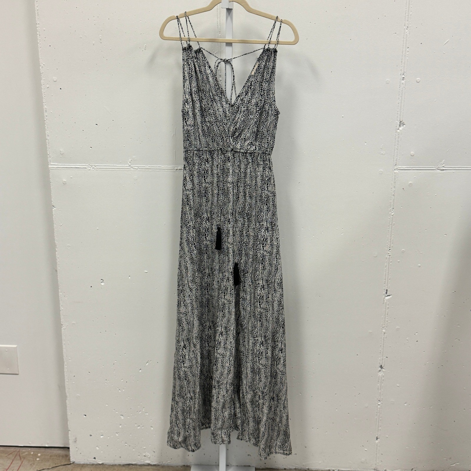 Elan Black White Animal Print Tassel Maxi Dress Small V-Neck Strappy Back Slit