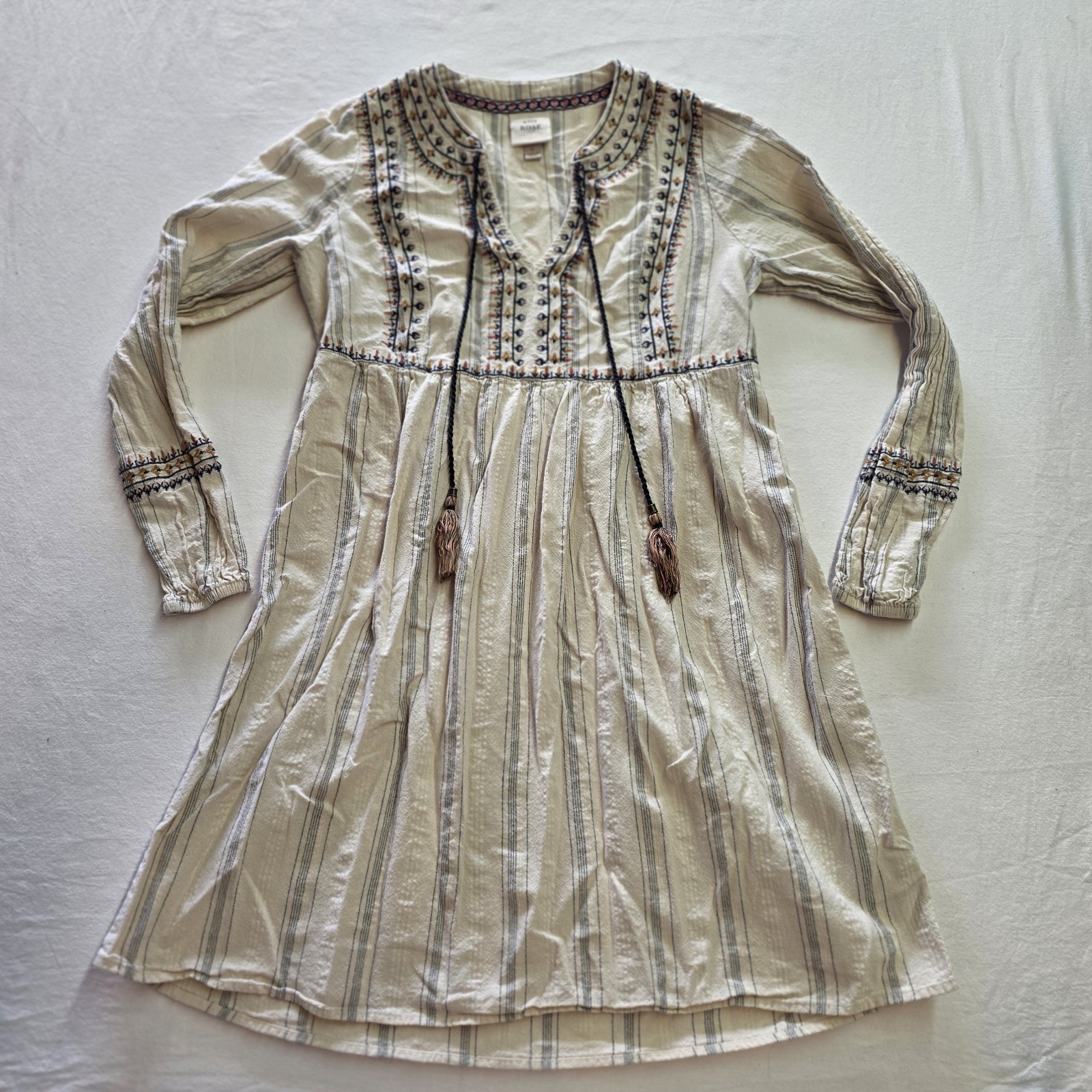 KNOX ROSE Cream & Blue Embroidered Mini Peasant Dress Long Sleeves Sz S Cotton