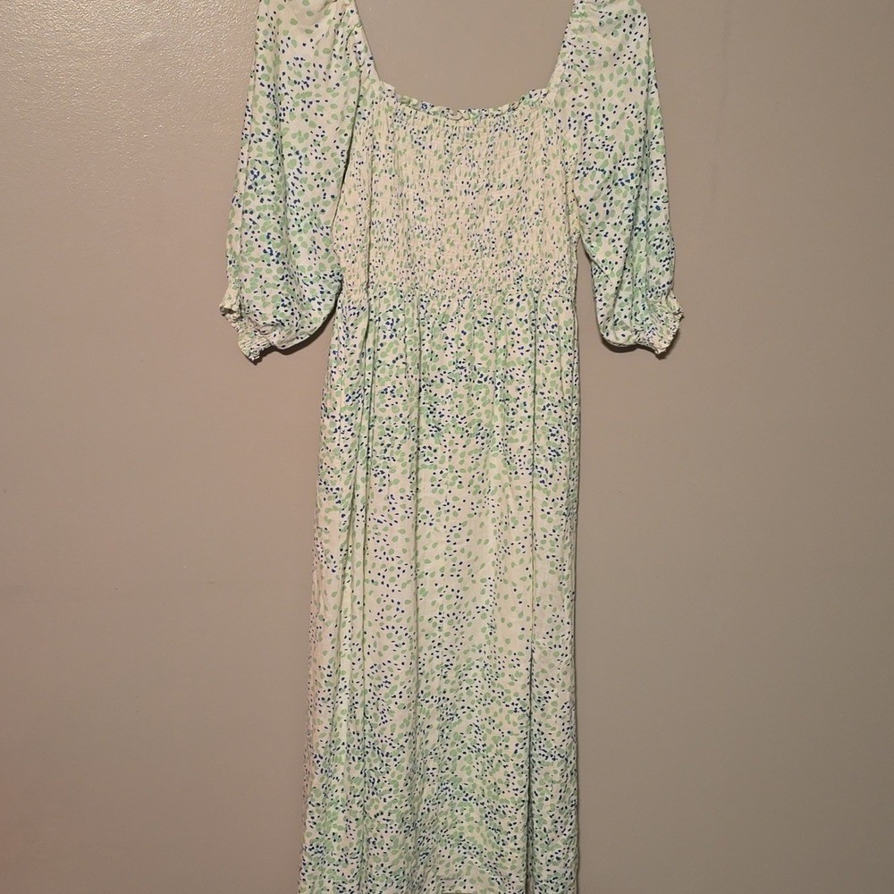 Oliver Bonas Speckle Print White Shirred Midi Dress Multicolor Womens Size 10