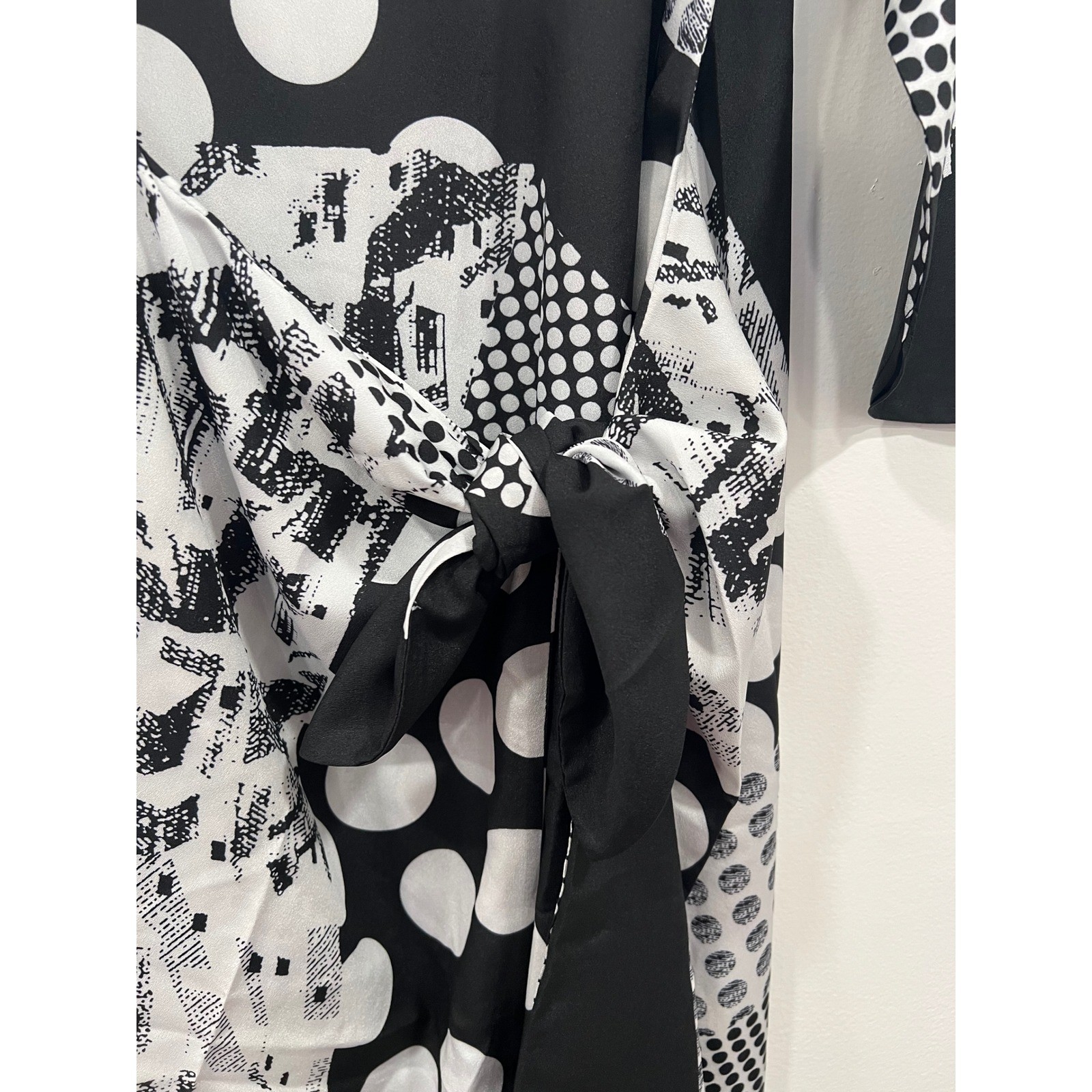 CAARA Midi Dress Womens Medium Black White Polka Dot Tie Waist ModiChic Office