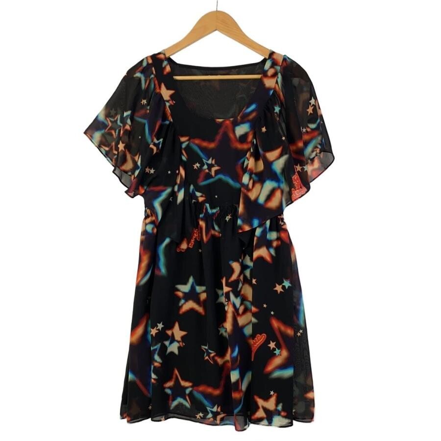Hysteric Glamour Black Star Chiffon Square Neck Dress FREE Auth