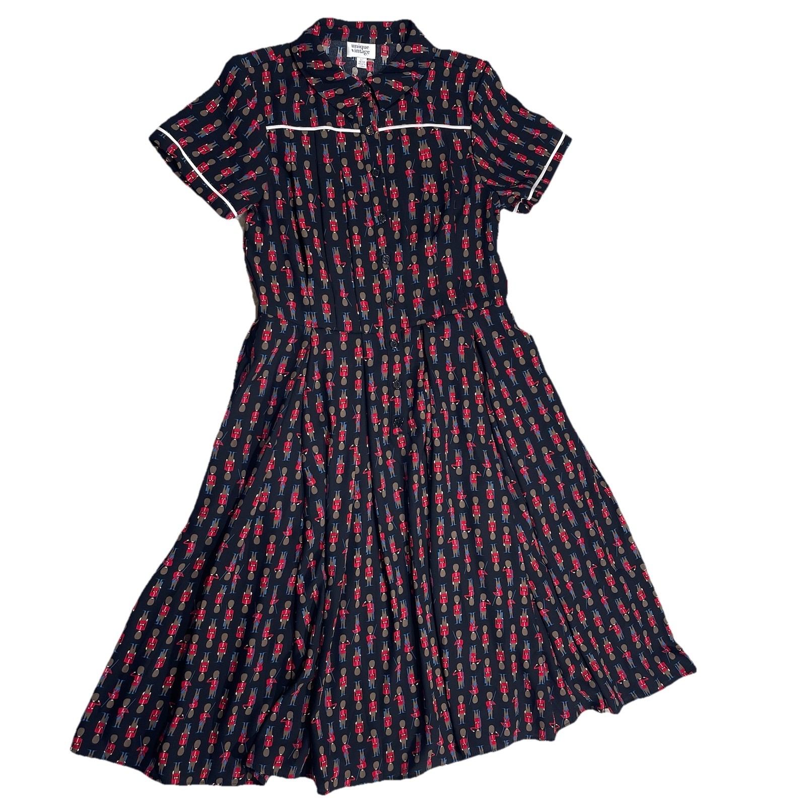 Unique Vintage Retro Pin Up Soldier Print Fit Flare Shirtdress Size Large NWT D3