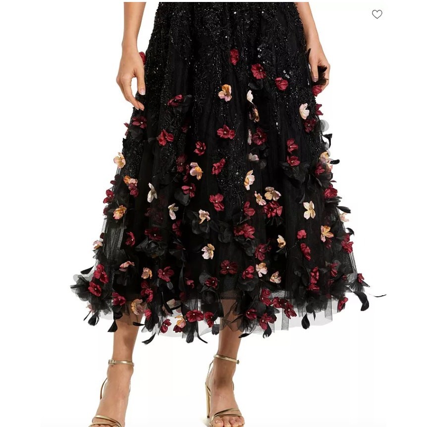 NEW Mag Duggal Sequin Floral Appliqué 3D FlowersBlack Midi Dress Size 10
