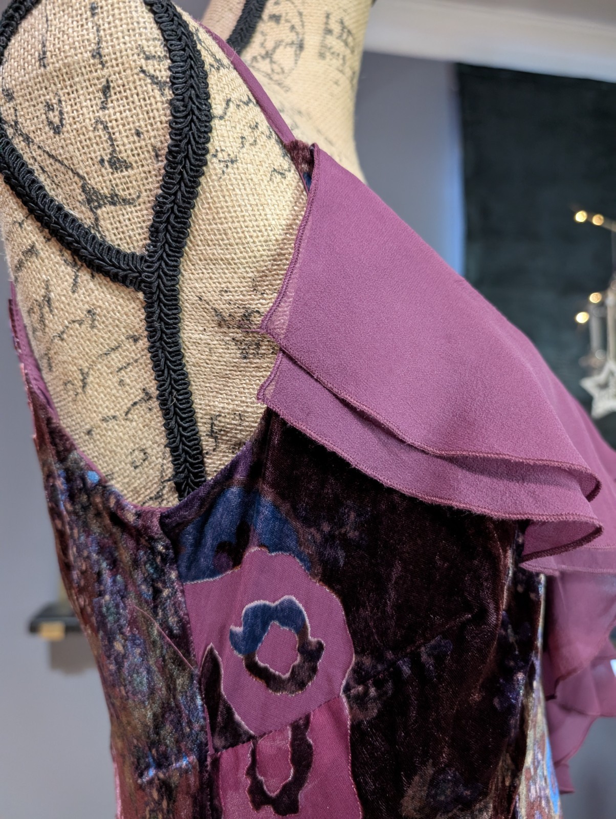 Vintage 90s Monsoon Burgundy & Purple Velvet Devore Midi Dress