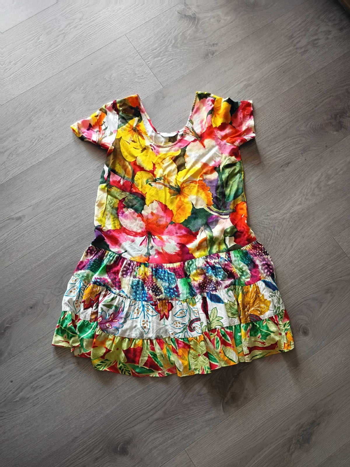 Jams World Ibisco Dress Womens Small Watercolor Hibiscus Floral Tiered Hawaii