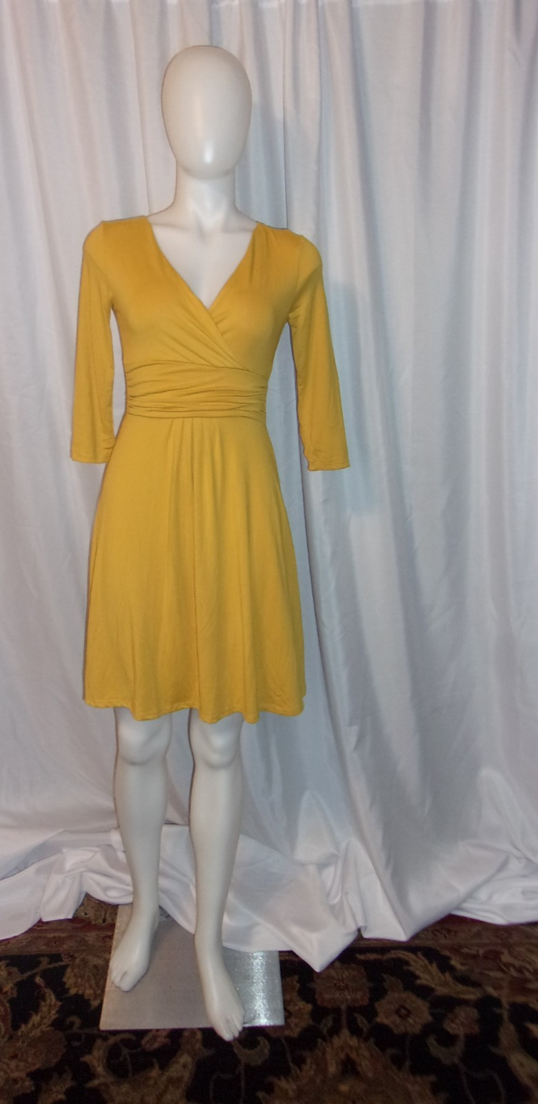 NWT DOUBLEJU Women’s Mustard Yellow 3/4 Sleeve Fit & Flare Dress SIZE S NWT