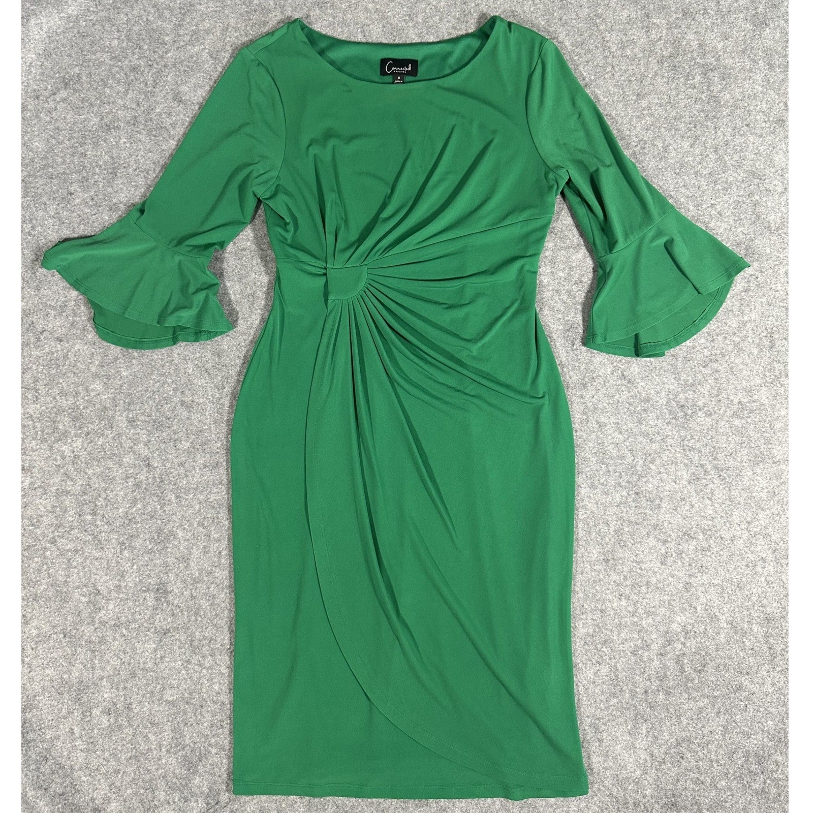 Connected Apparel Faux Wrap Sheath Dress 8 Green Bell Sleeve Gathered Sunburst