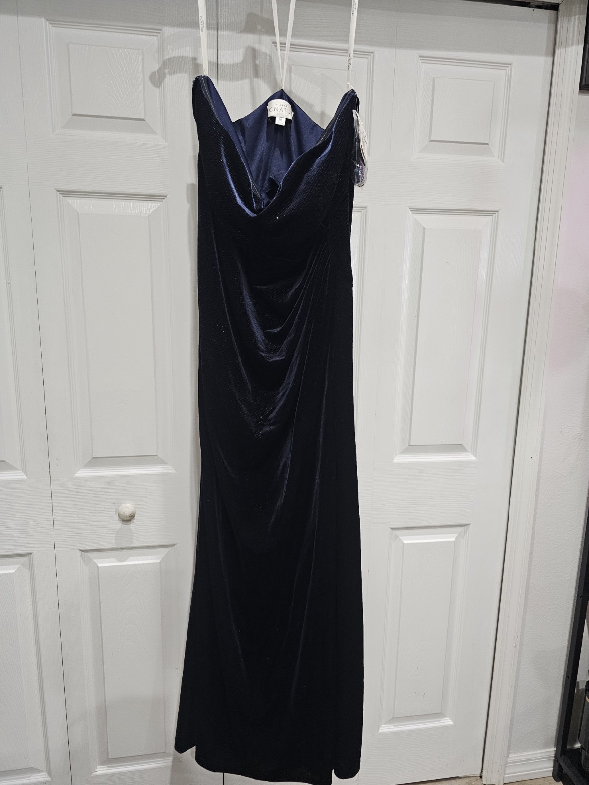 Galina Signature Dark Navy Blue Glitter Velvet Strapless Dress