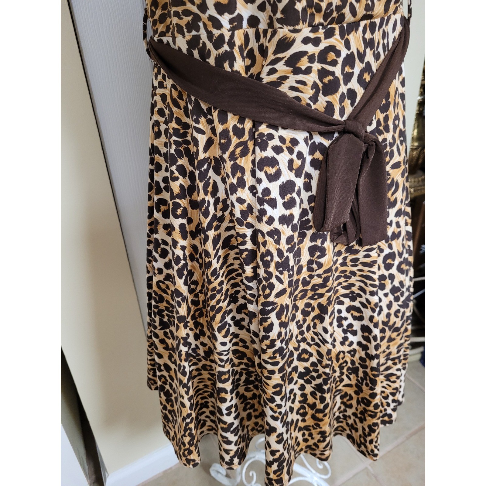 Leopard Print Keyhole Neck Puff Sleeve Belted A-Line Dress BOHO Brown/Tan Size M