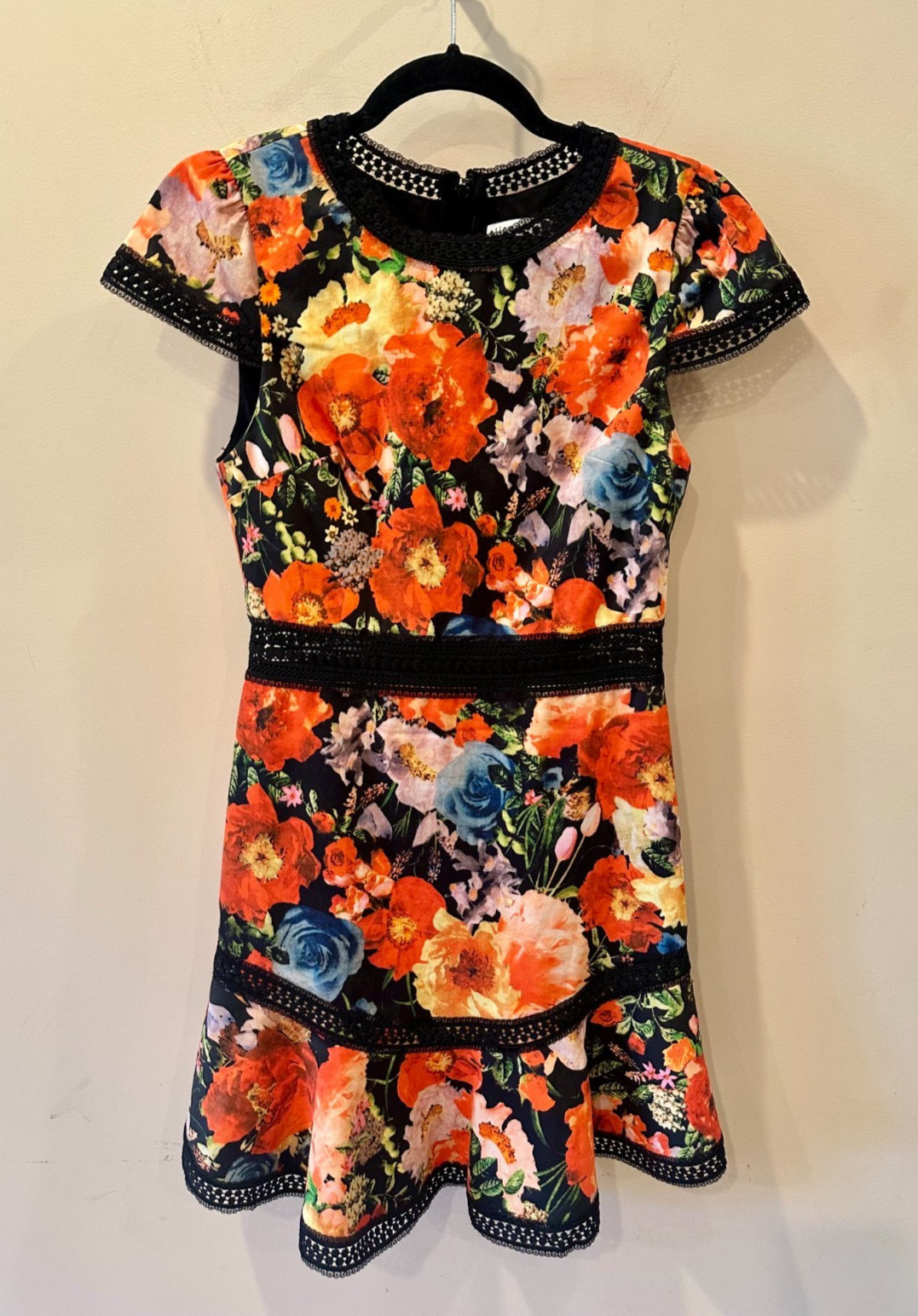 Alice + Olivia Rapunzel Black Floral Lace Trim Mini Dress Sz 2 Cap Sleeve $350